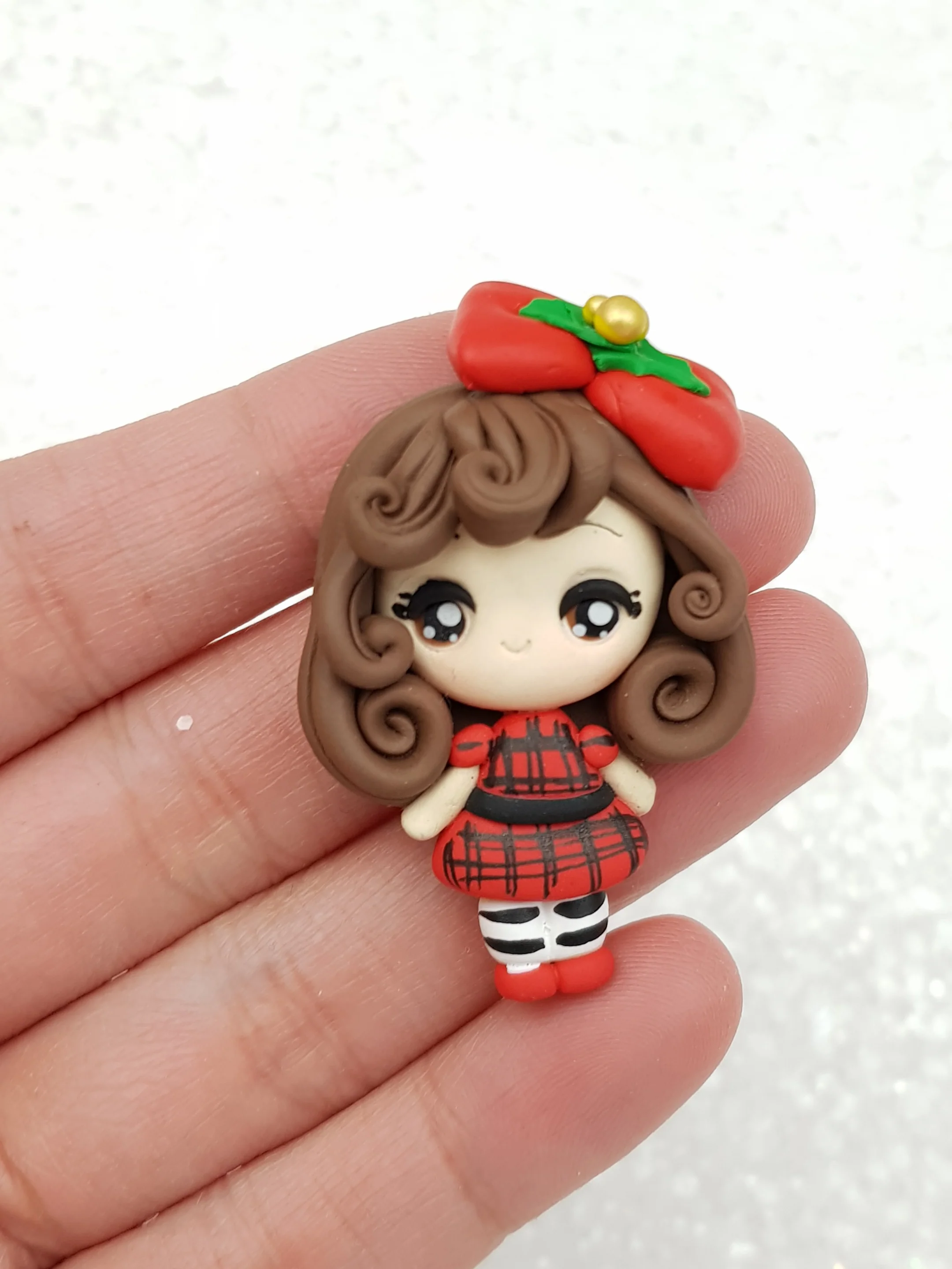 Clay Charm Embellishment big eyes tartan girl