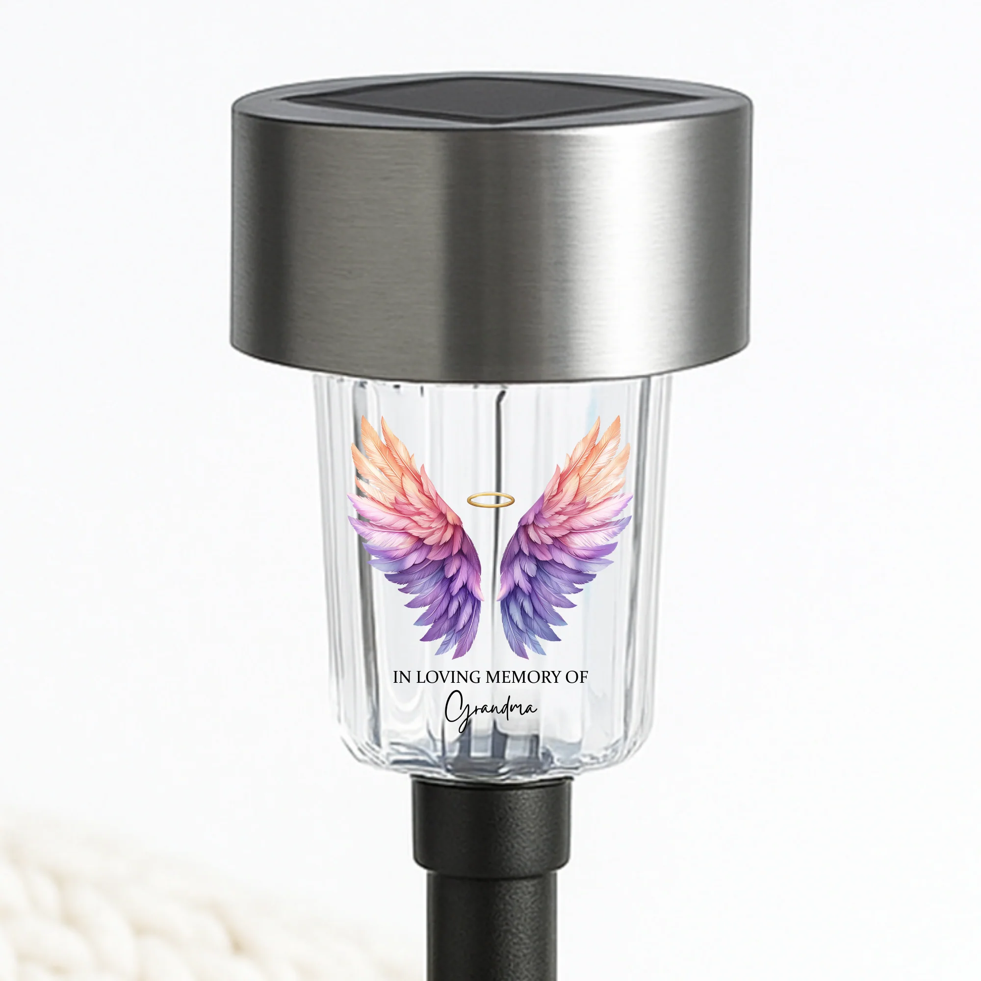 In loving memory of grandma UV DTF decal solar light - memorial purple angel wings