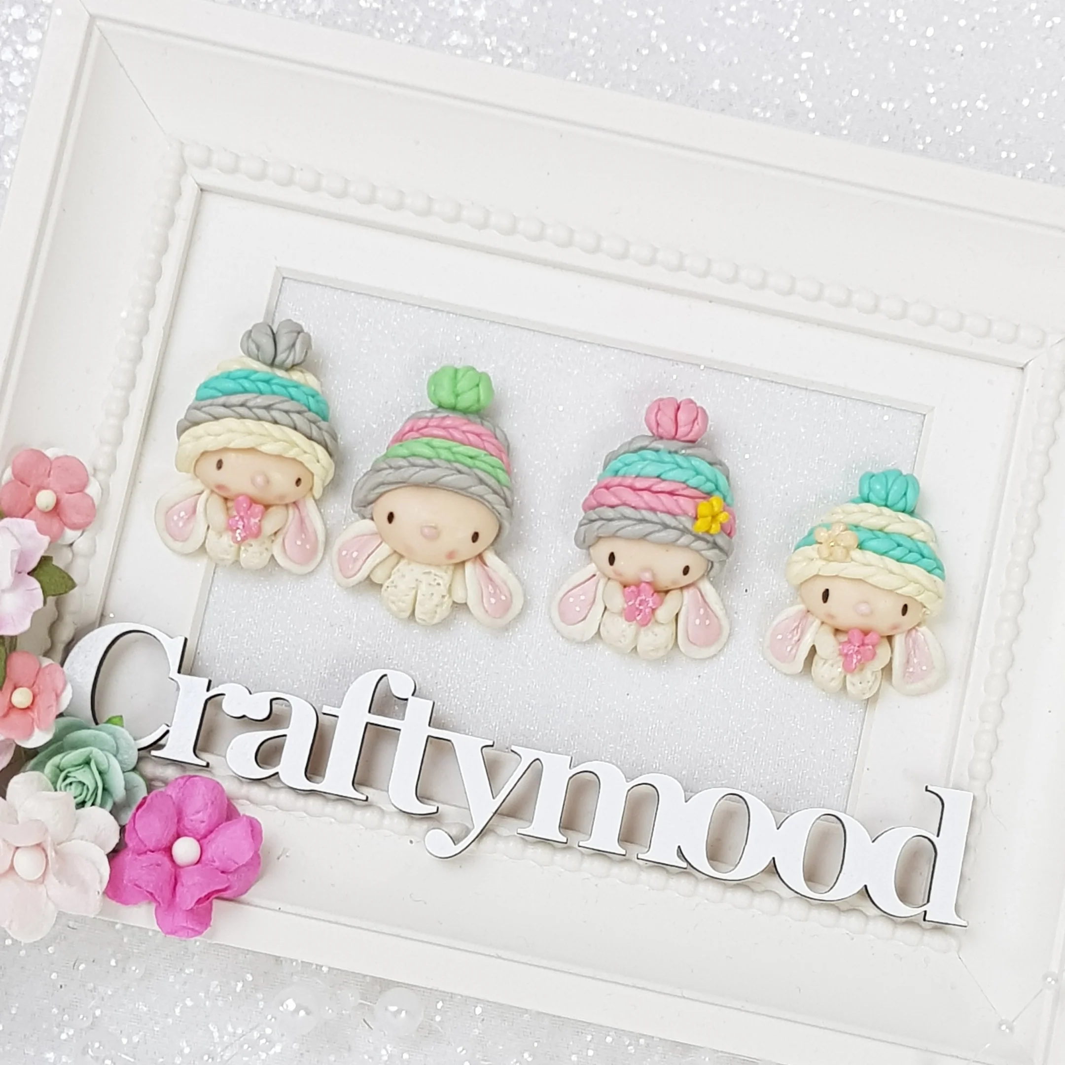 Knitted Cap Rabbits - Embellishment Clay Bow Centre