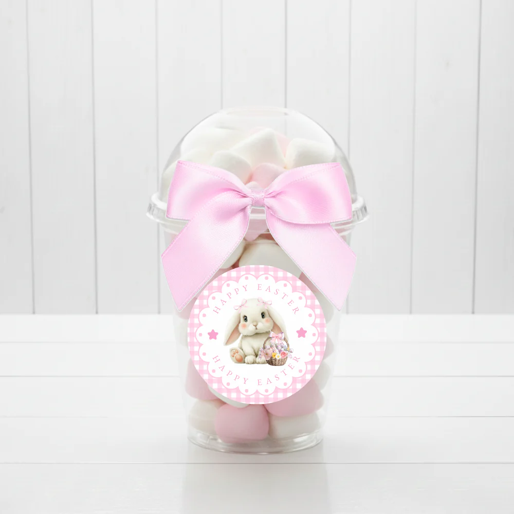 Label Sticker Circle - pack of 5 - bunny pink gingham easter