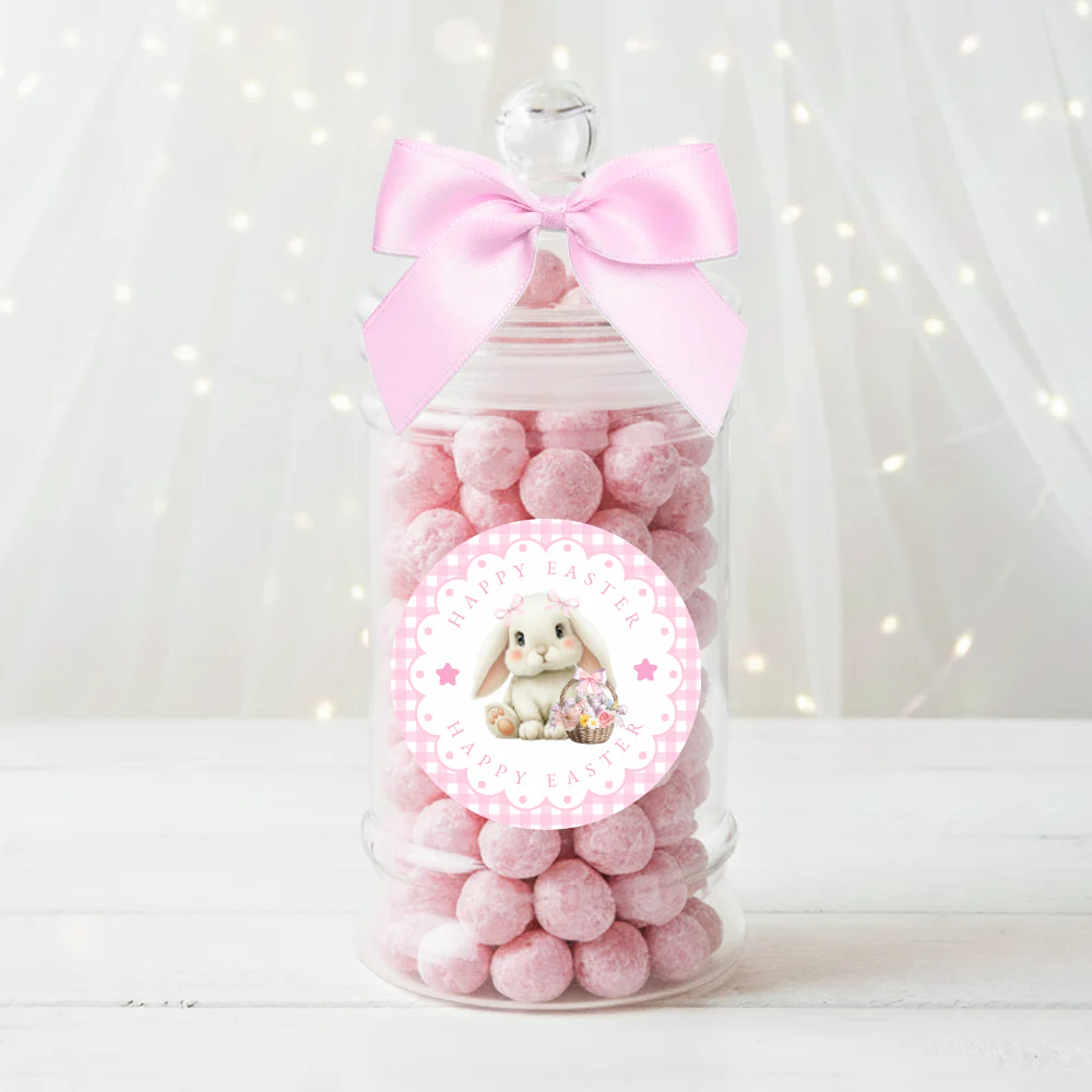 Label Sticker Circle - pack of 5 - bunny pink gingham easter - Image 2