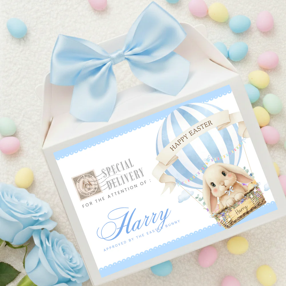 Label Sticker Party treat box - Ice blue bunny rabbit easter hot air balloon delivery