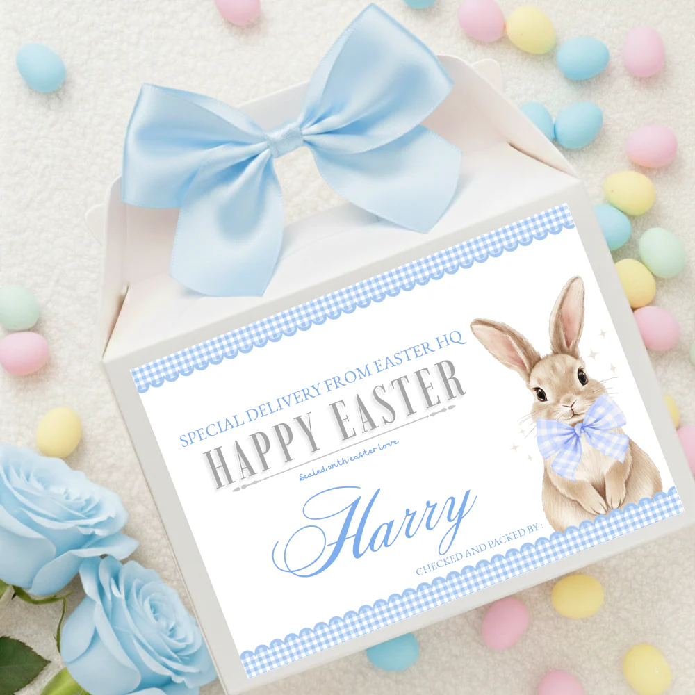Label Sticker Party treat box - Light blue bunny rabbit gingham easter delivery