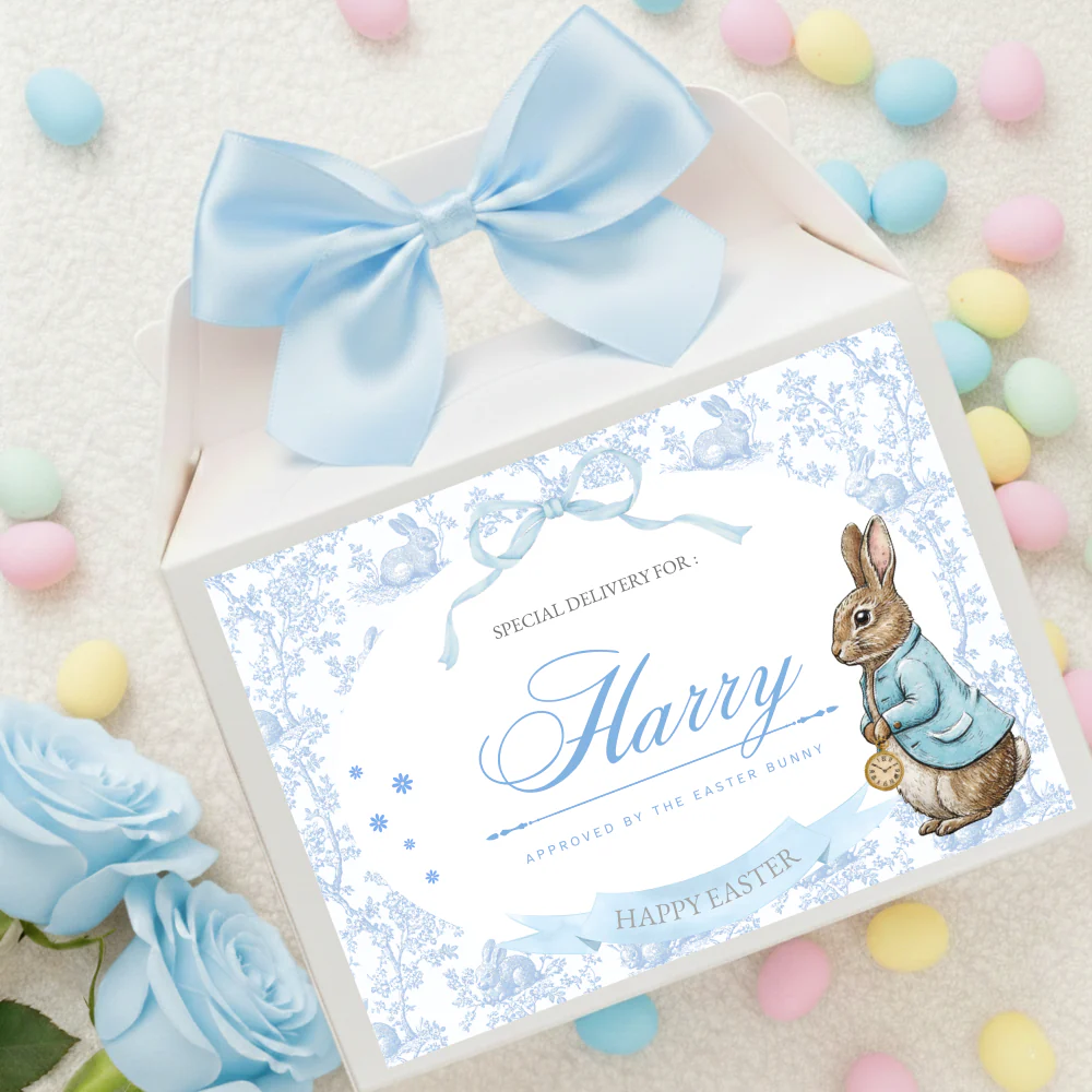 Label Sticker Party treat box - Light blue bunny rabbit ornament easter delivery