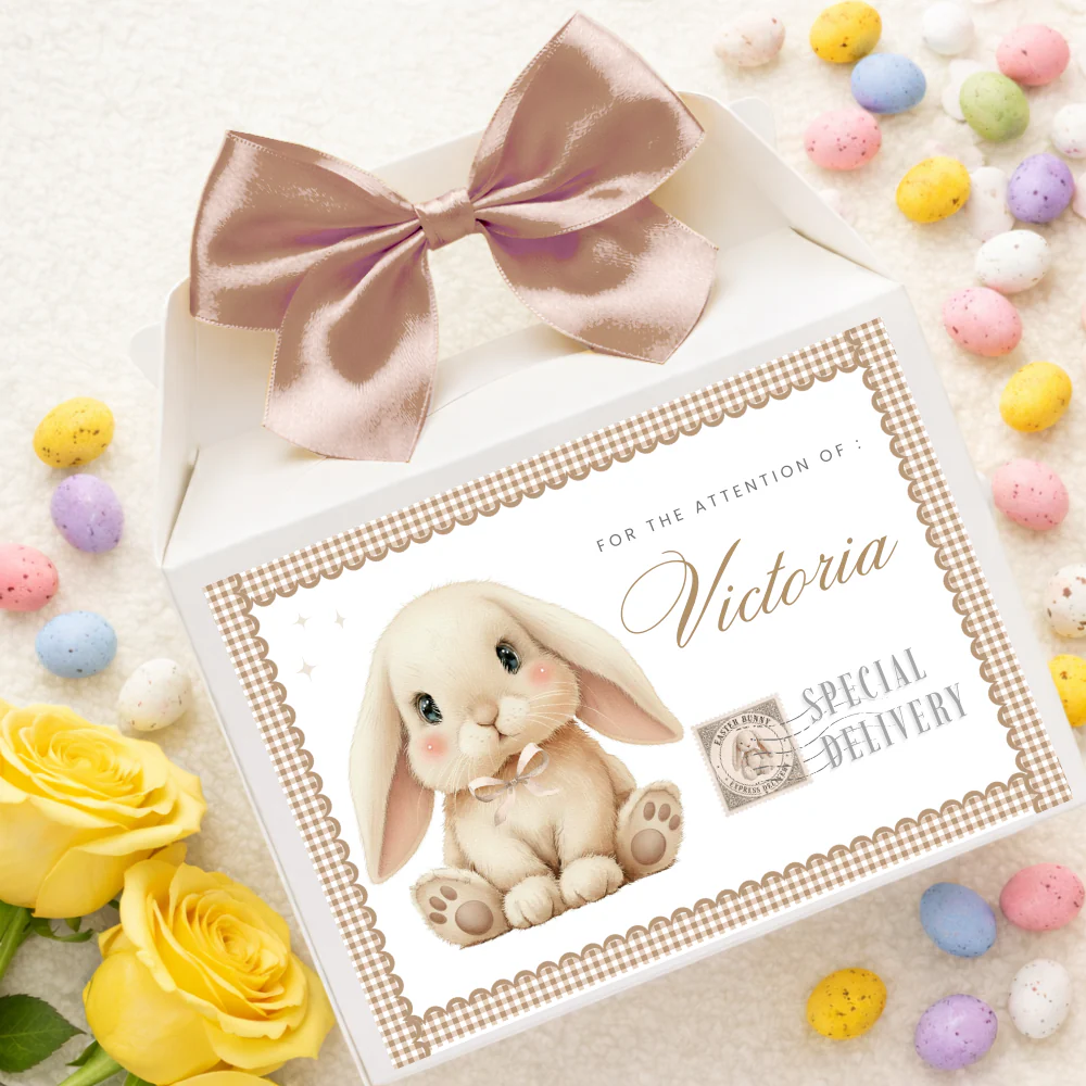 Label Sticker Party treat box - Light brown bunny rabbit easter delivery