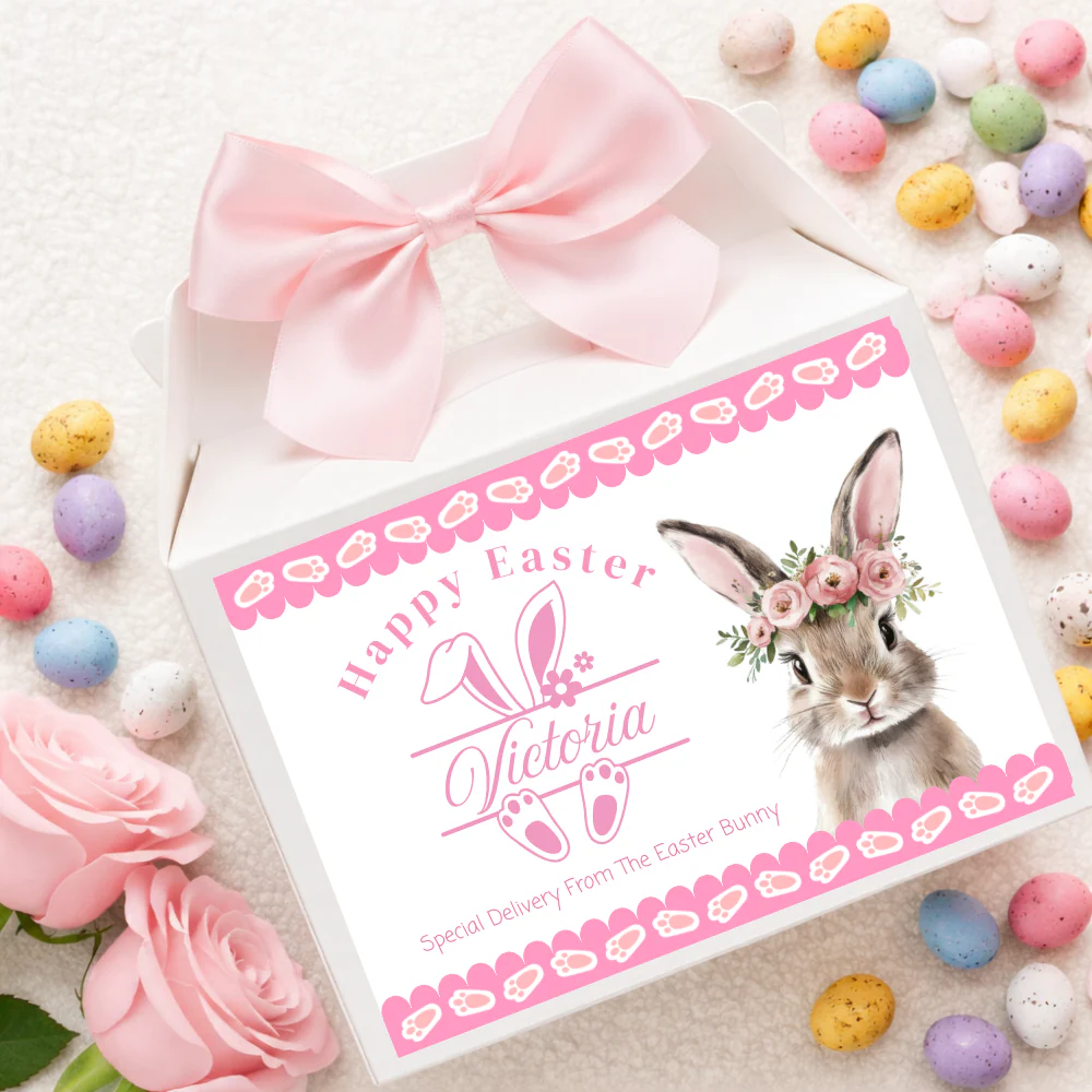 Label Sticker Party treat box - Light pink bunny rabbit footprint easter delivery