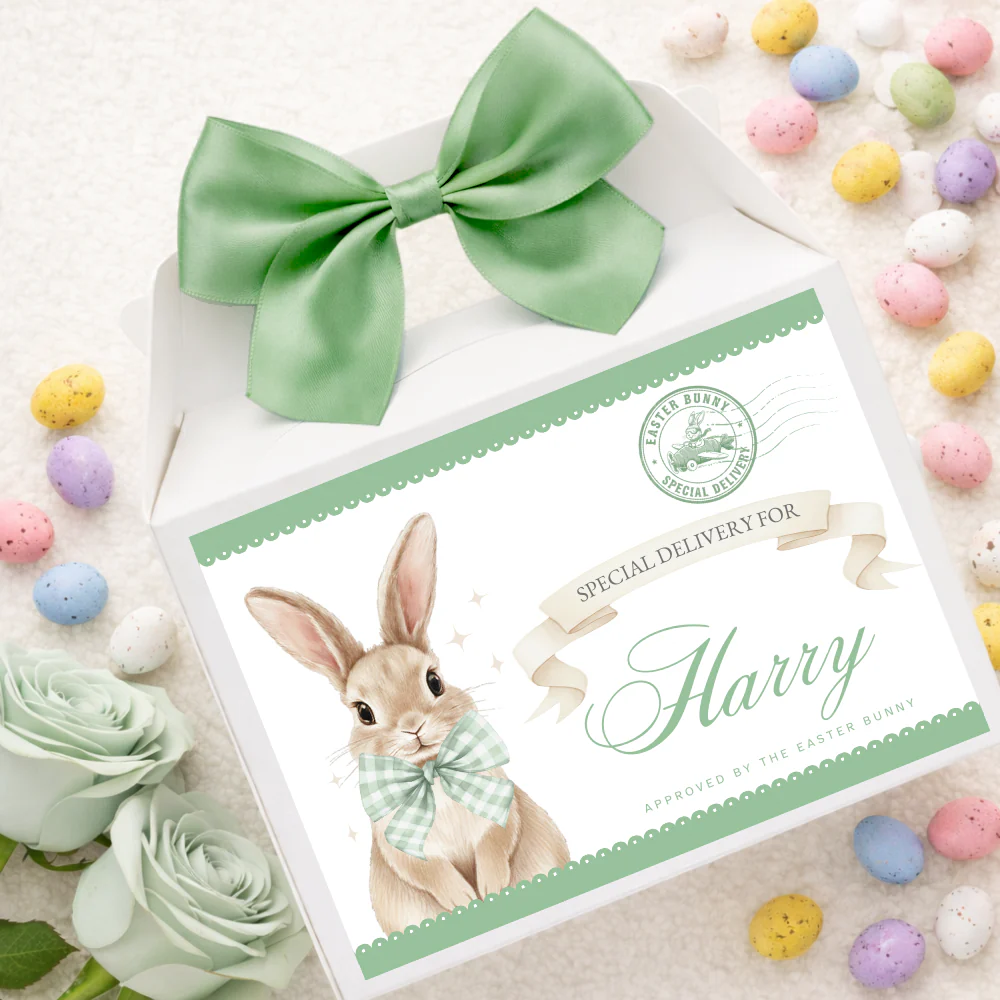 Label Sticker Party treat box - Pastel green bunny rabbit easter delivery
