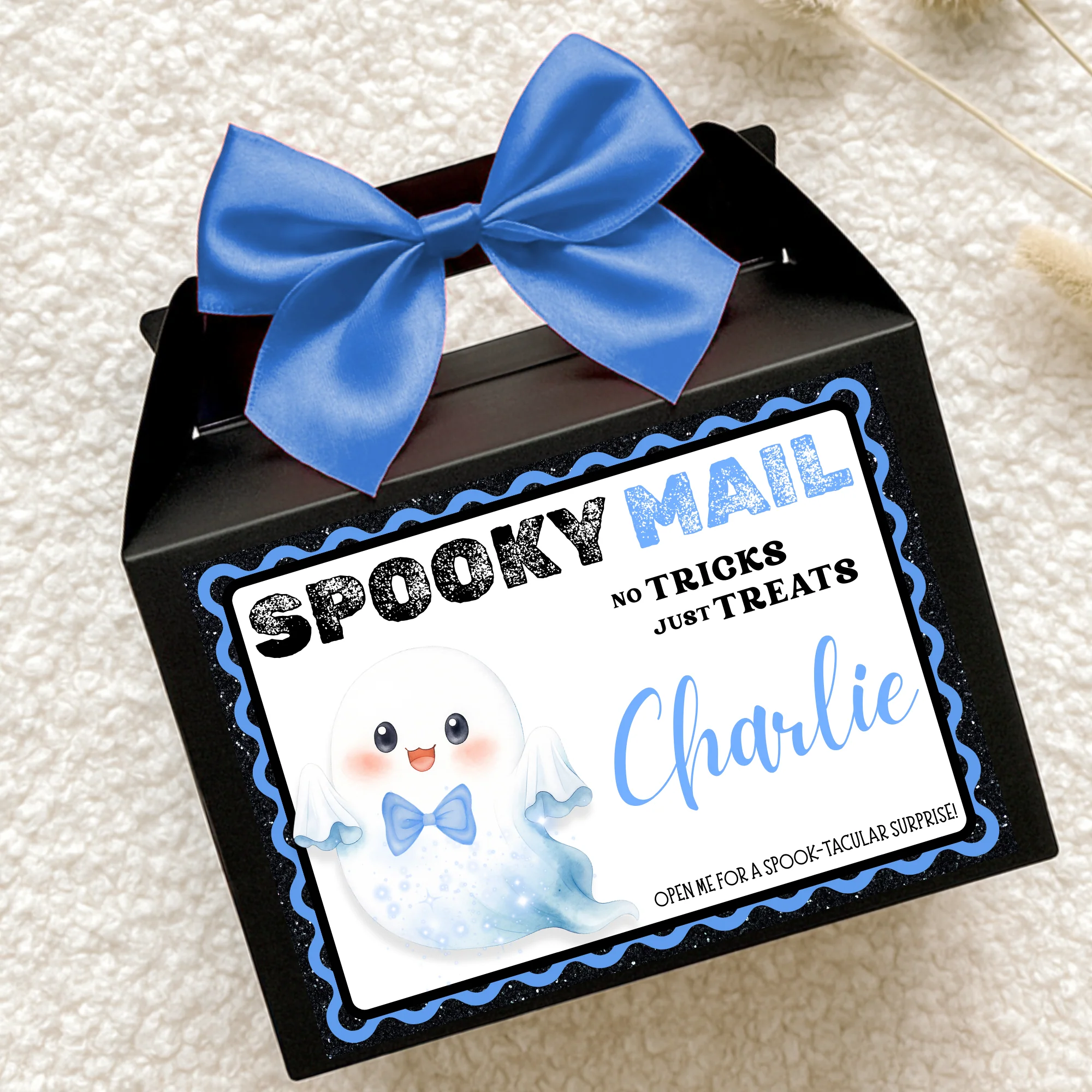 Label Sticker Party treat box - blue spooky mail ghost - halloween