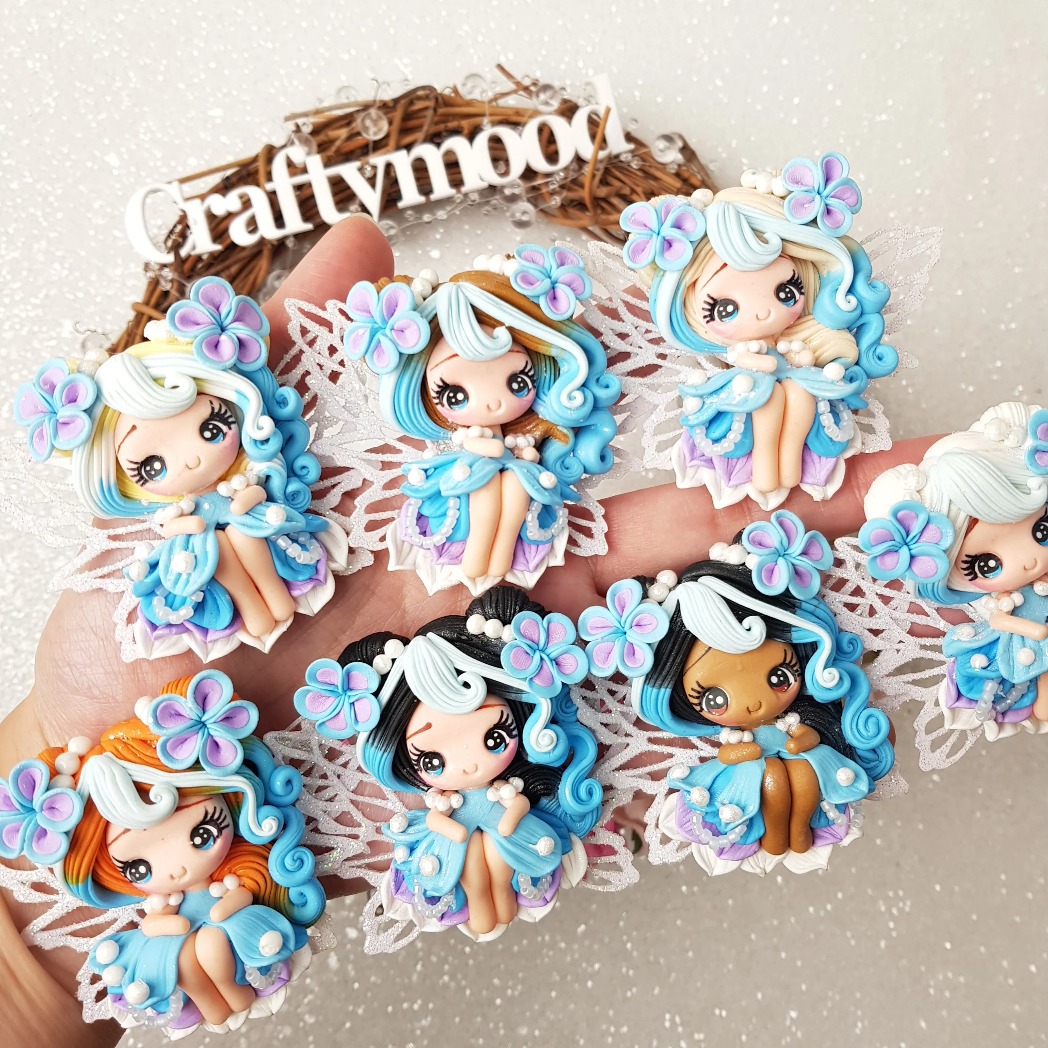 Lilac blue pearl flower fairy - Handmade Flatback Clay Bow Centre - Image 2