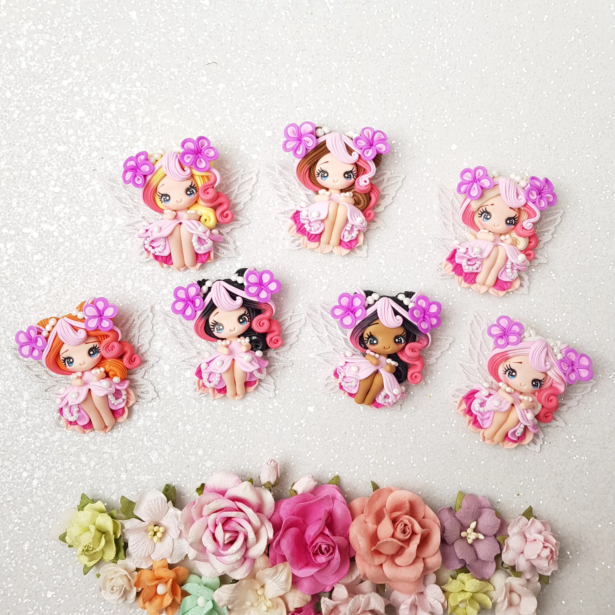 Lilac pink  pearl flower fairy - Handmade Flatback Clay Bow Centre - Image 3