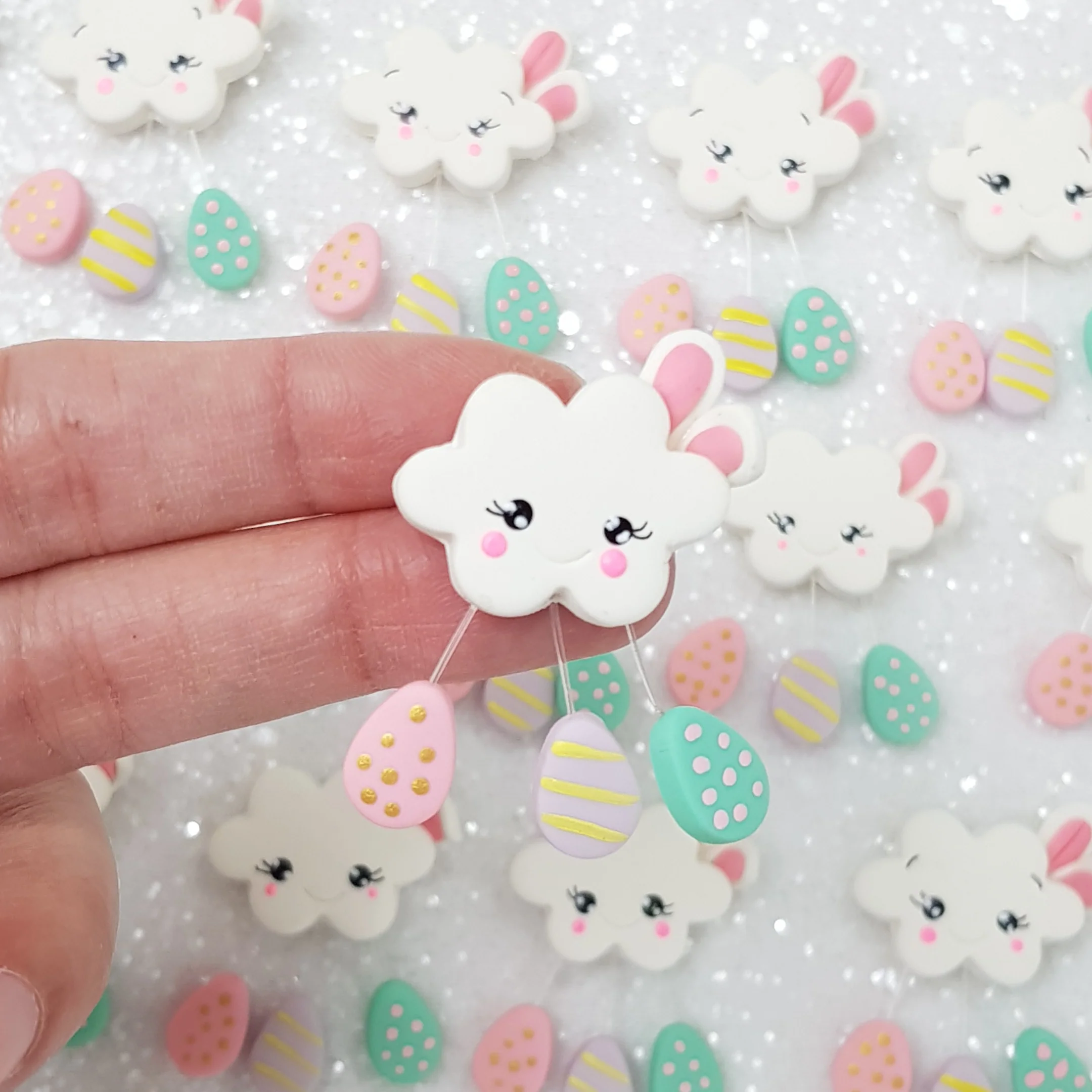 Mini Cute Bunny Easter Clouds pastel - Handmade Flatback Clay Bow Centre
