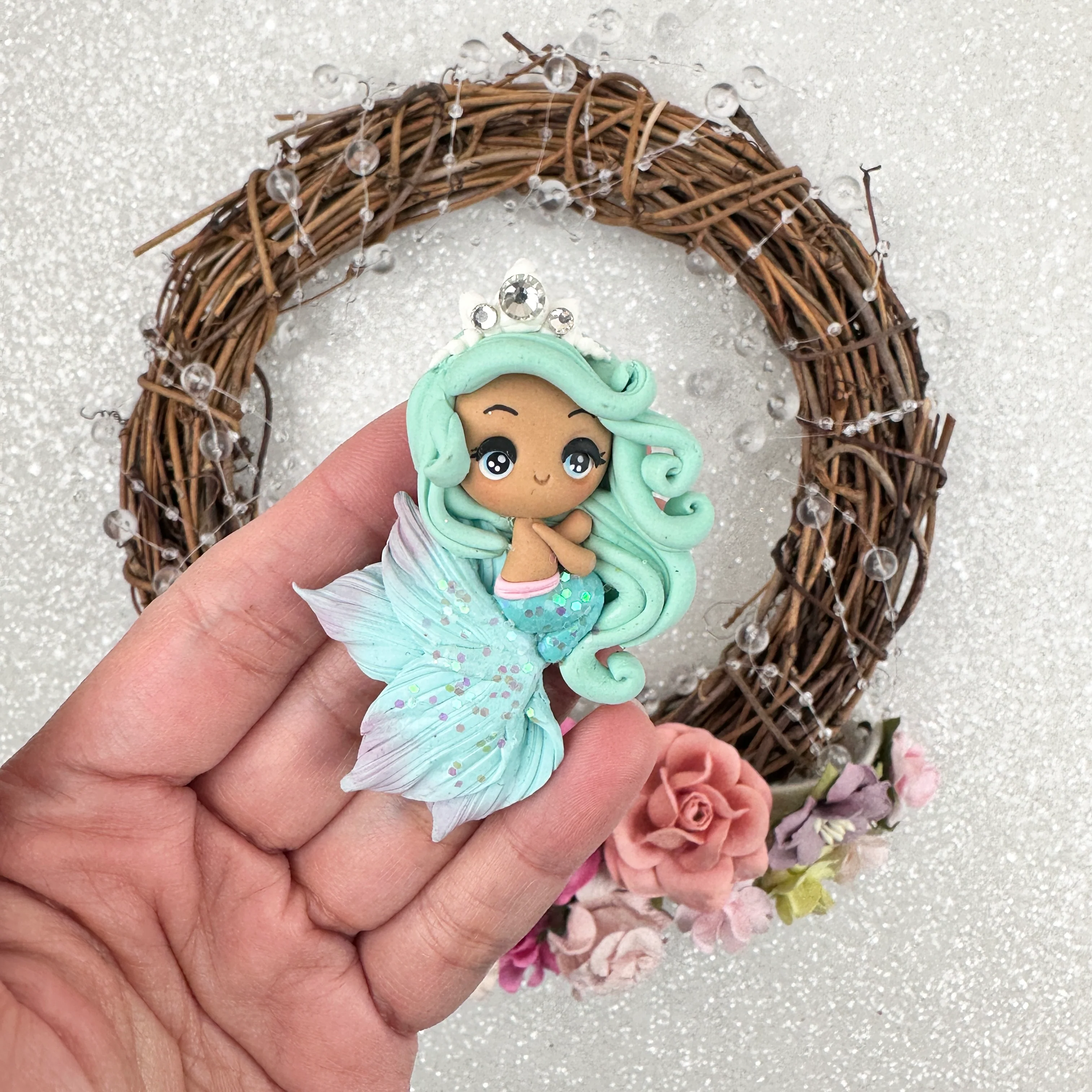 Mint mermaid brown skin - Handmade Flatback Clay Bow Centre