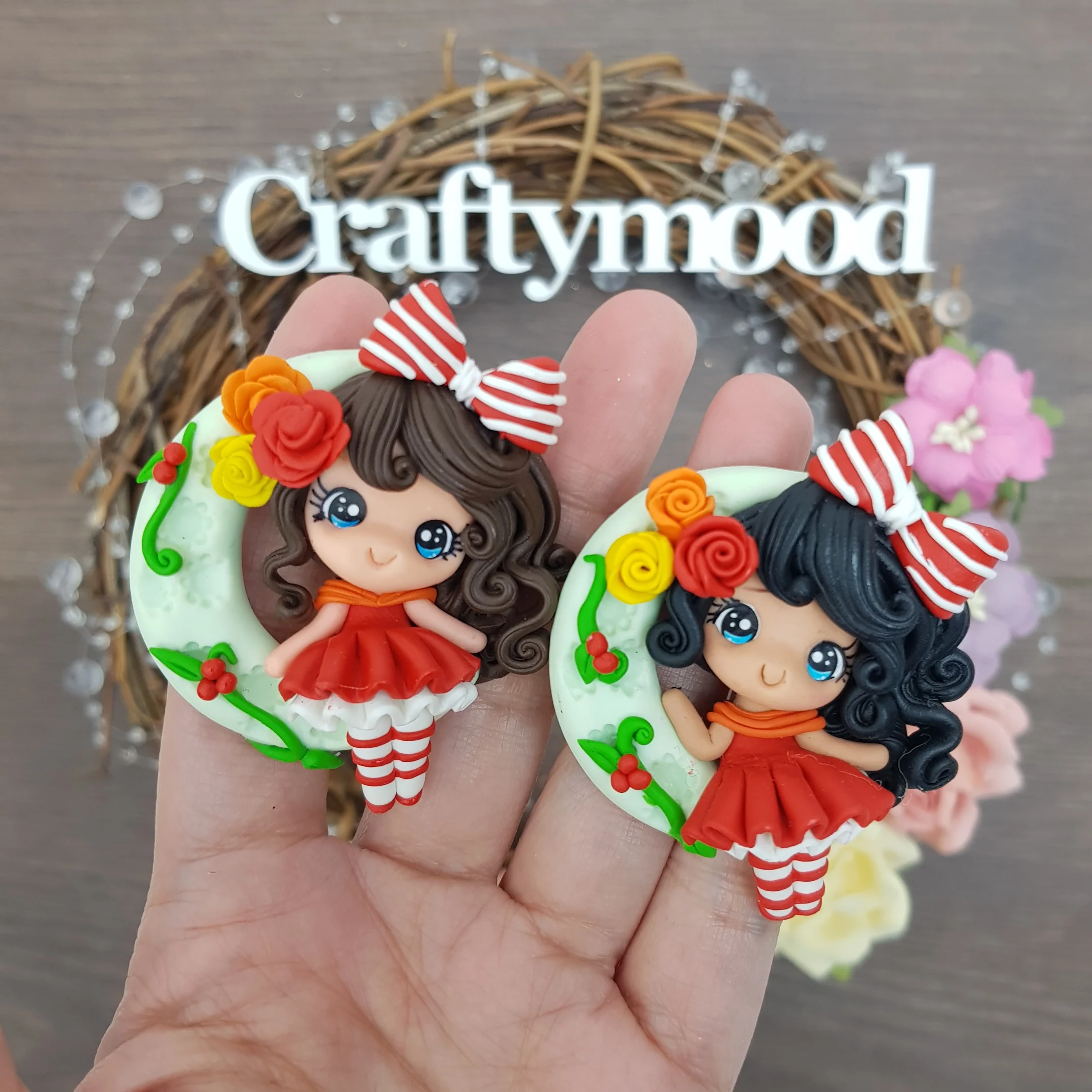 Moon christmas girl - Handmade Flatback Clay Bow Centre