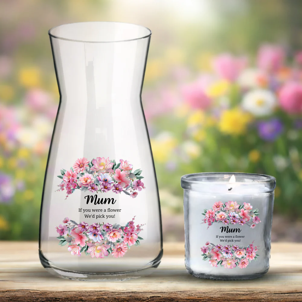Mother's Day UV DTF decal - pink flowers camellia - Mum if you WERE FLOWERS I'D PICK YOU