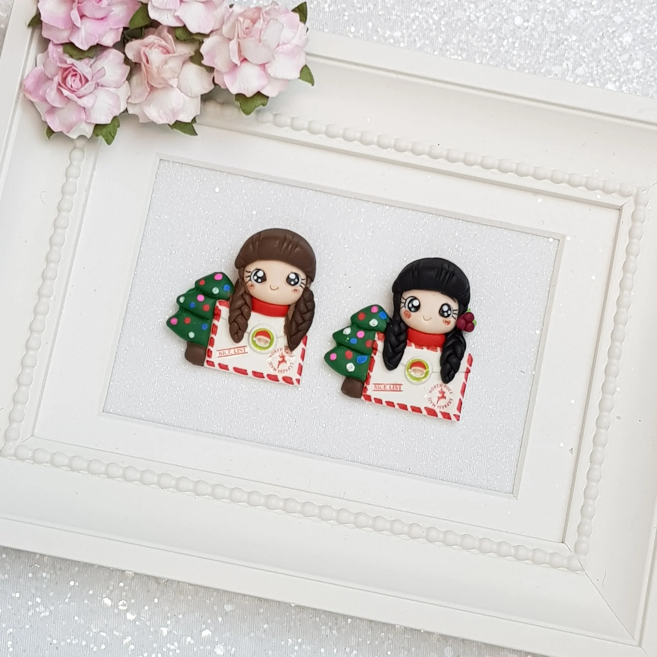 Nice List Letter Girl - Handmade Flatback Clay Bow Centre