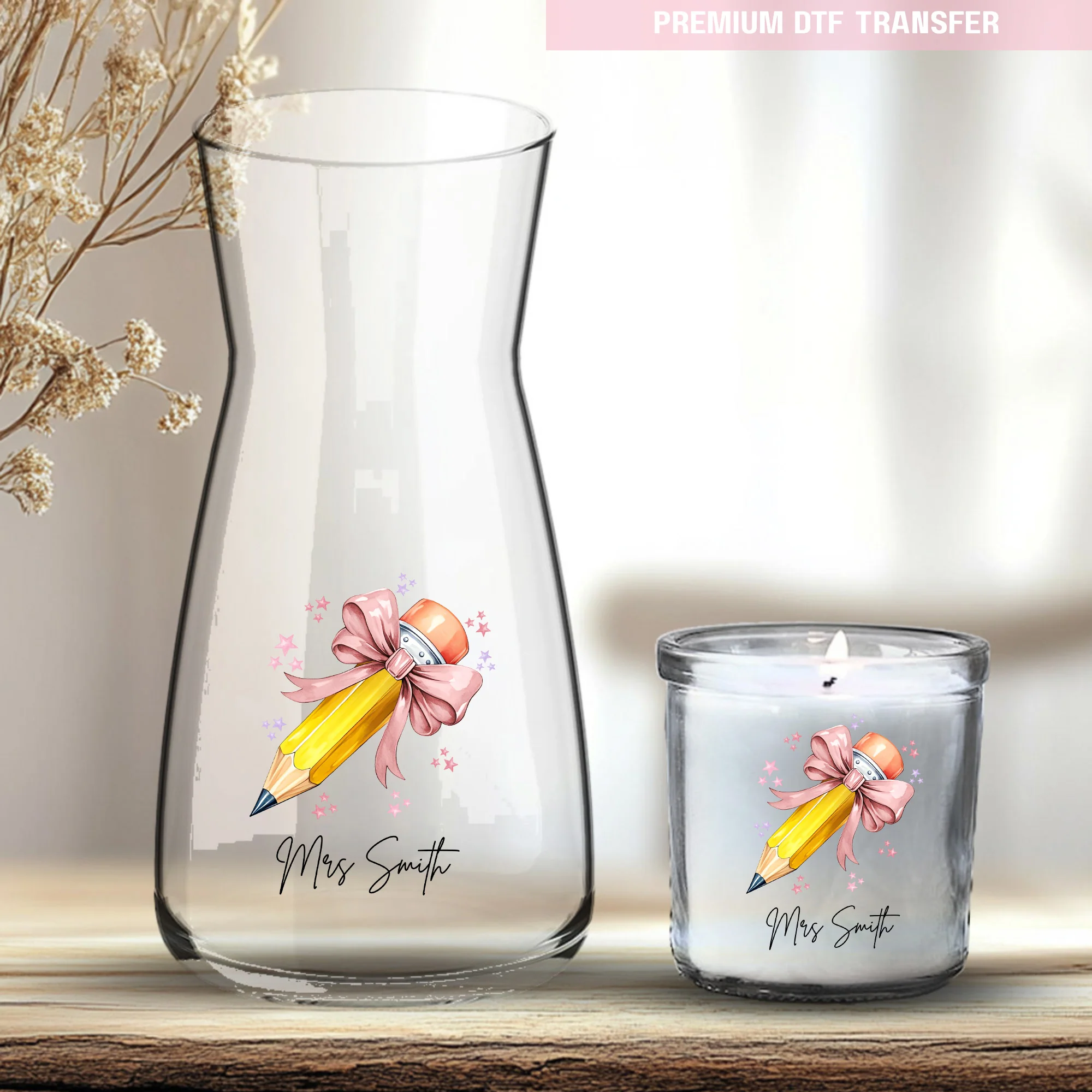 Personalised dusty rose pencil - teacher UV DTF
