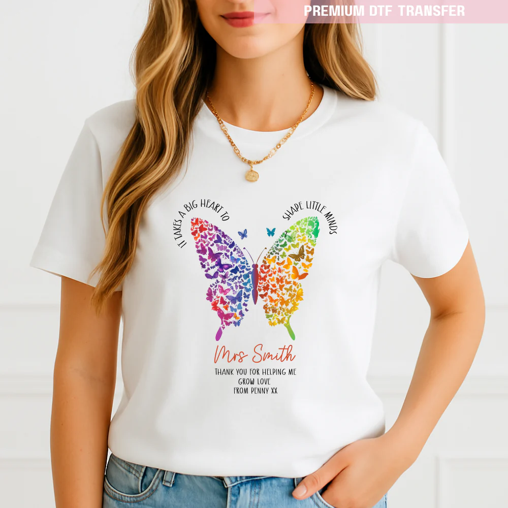 Personalised It takes a big heart to shape little minds - rainbow butterfly - teacher DTF transfer ready to press - Image 2