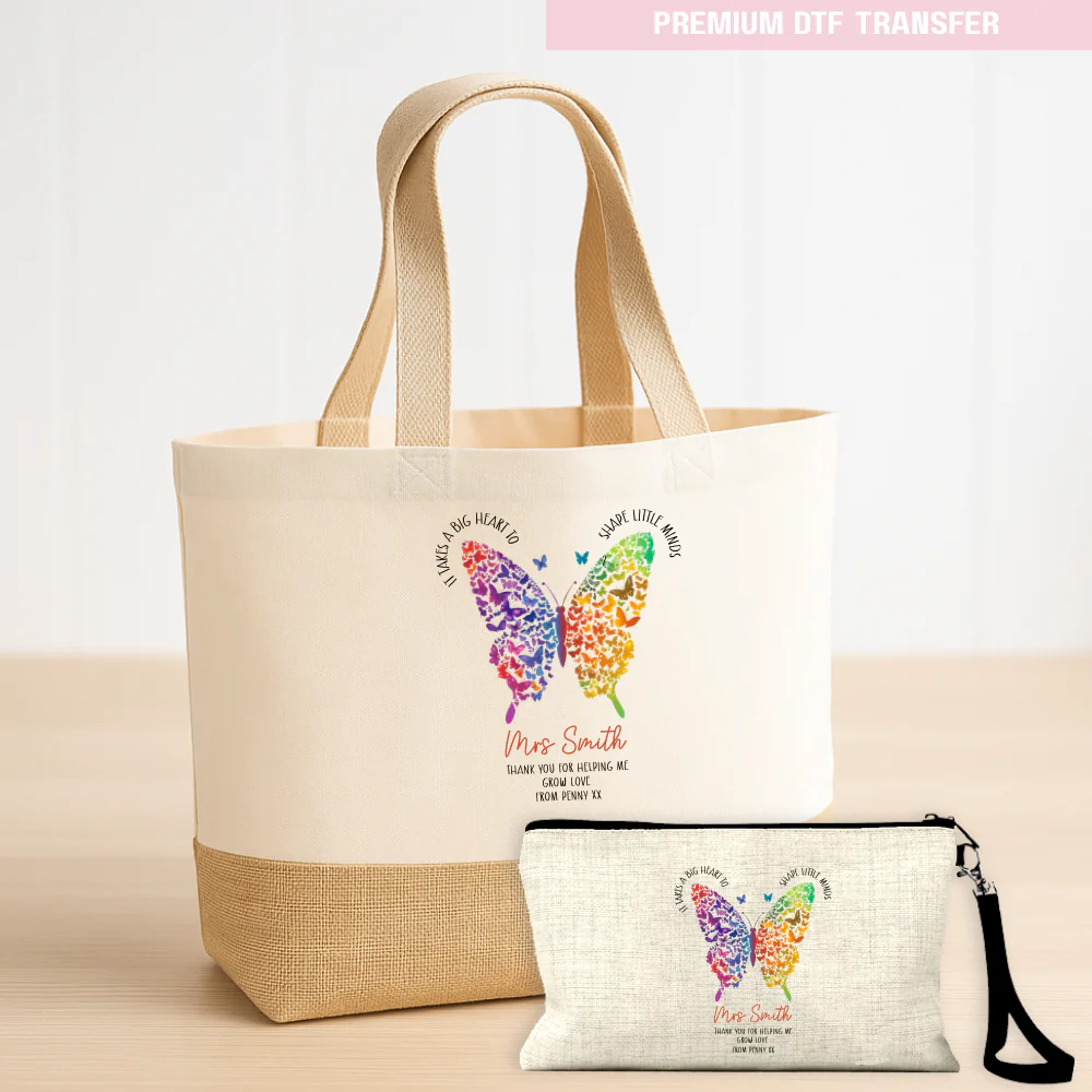 Personalised It takes a big heart to shape little minds - rainbow butterfly - teacher DTF transfer ready to press - Image 4