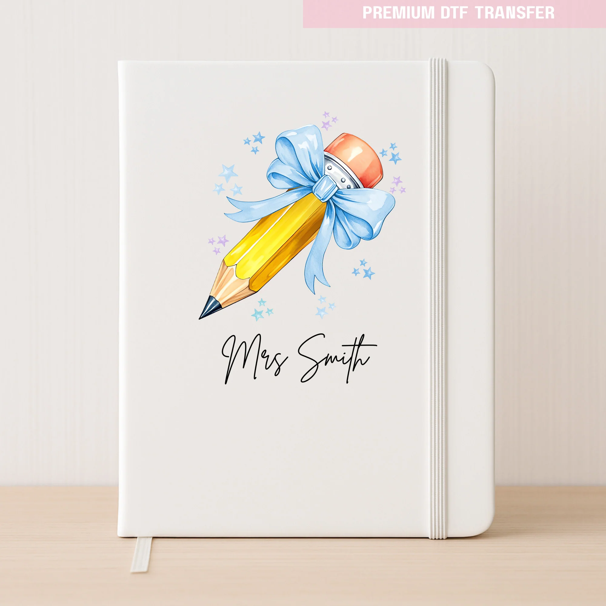 Personalised Name Teacher - Blue Pencil DTF Transfer Ready to Press - Image 3