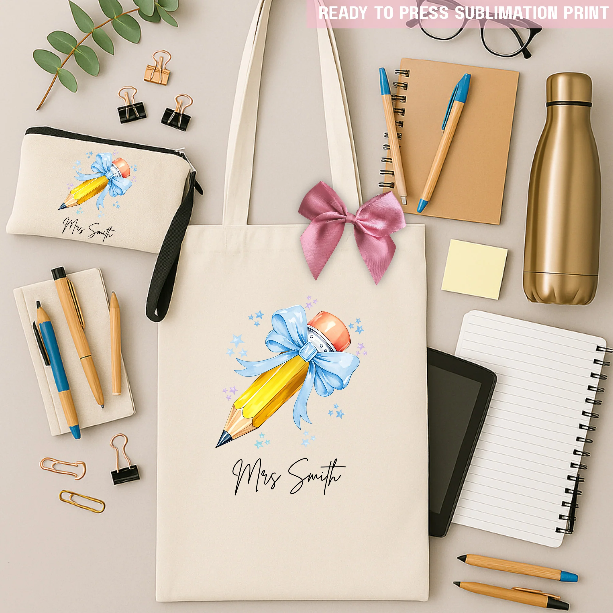 Personalised Name Teacher - Blue Pencil Sublimation Transfer Ready to Press
