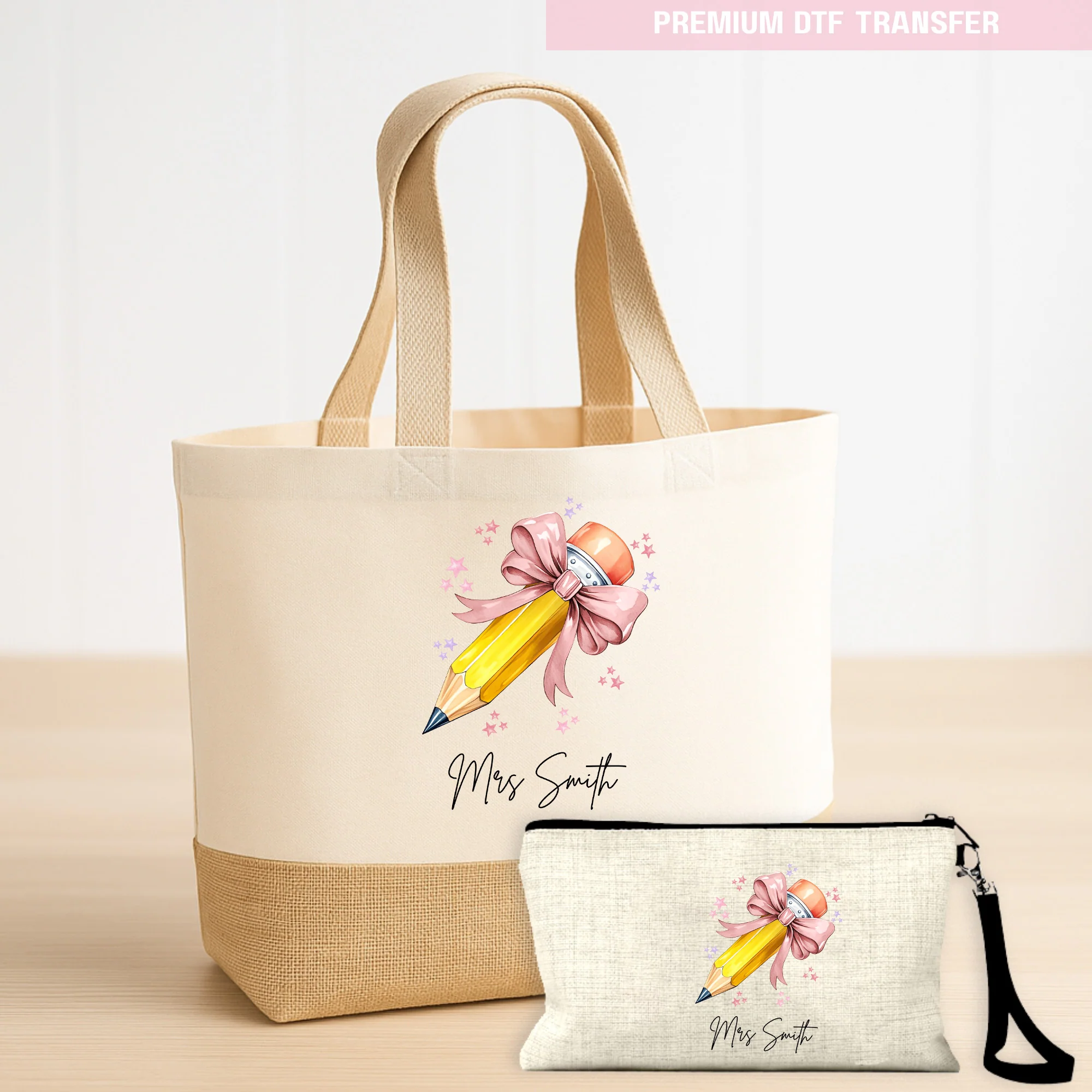 Personalised Name Teacher - Dusky Rose Pencil DTF Transfer Ready to Press - Image 4