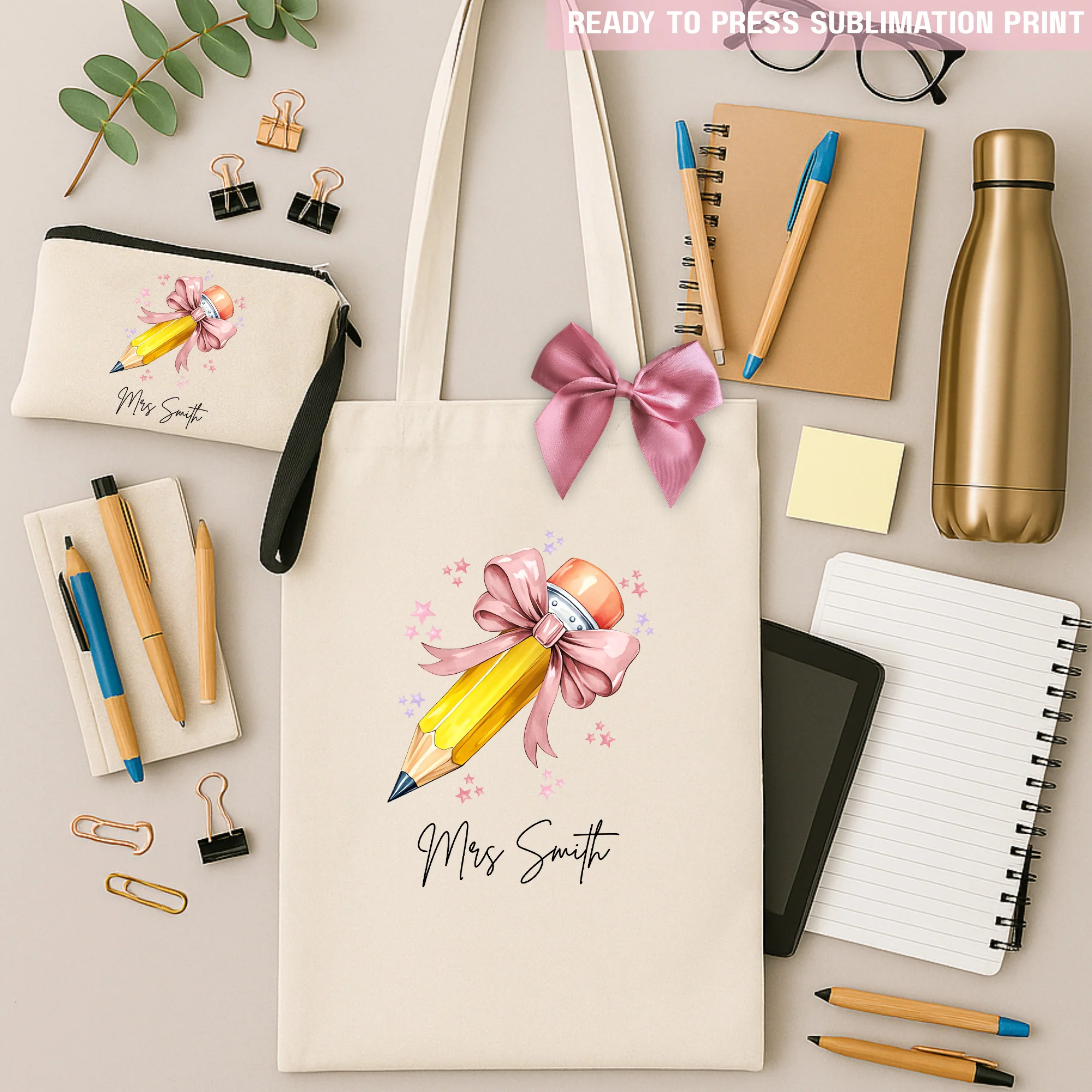 Personalised Name Teacher - Dusky Rose Pencil Sublimation Transfer Ready to Press