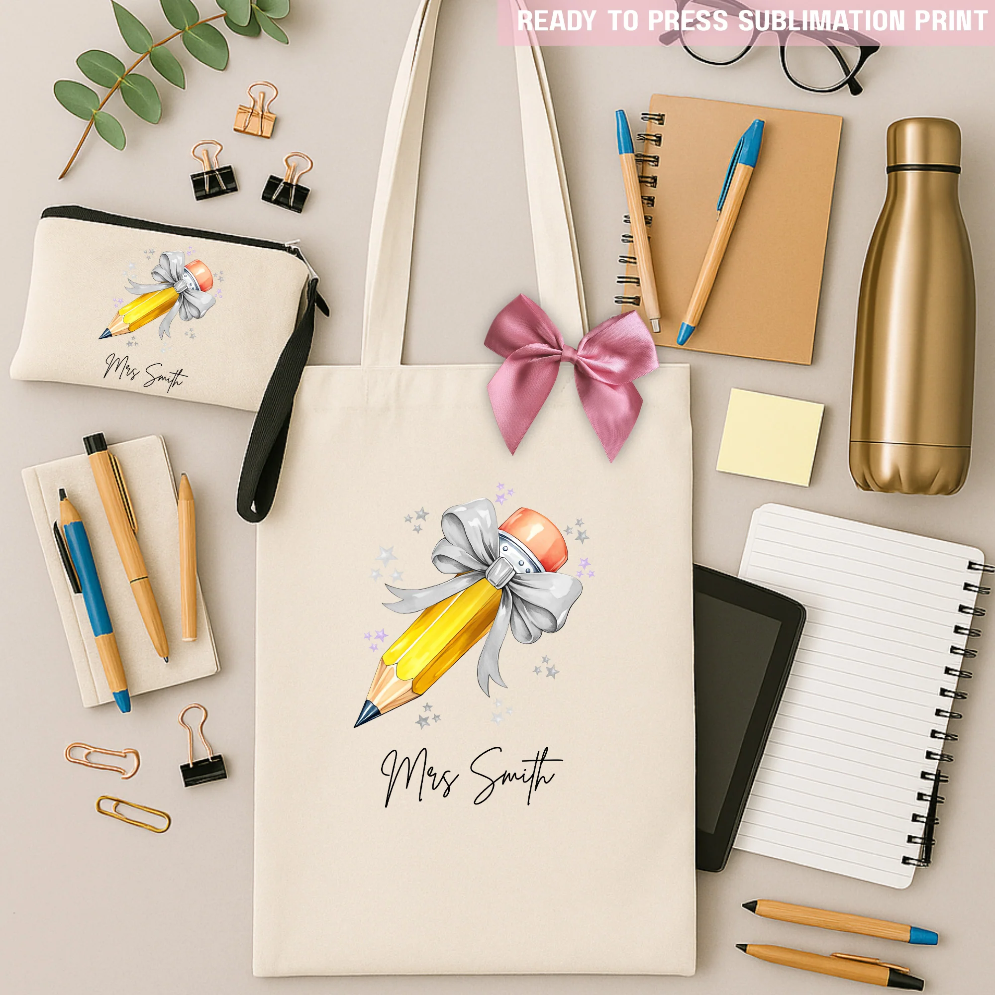 Personalised Name Teacher - Light Grey Pencil Sublimation Transfer Ready to Press