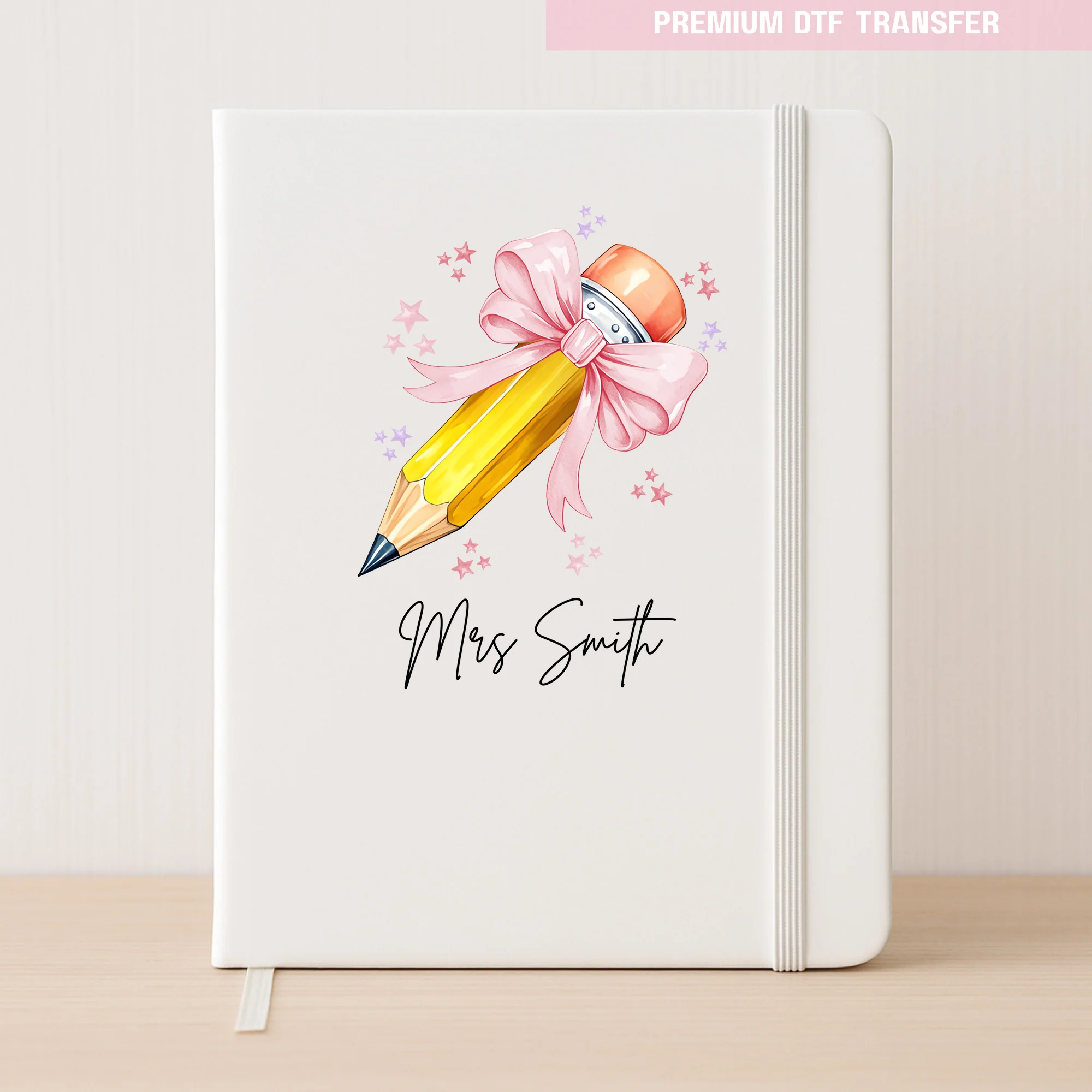 Personalised Name Teacher - Light Pink Pencil DTF Transfer Ready to Press - Image 3