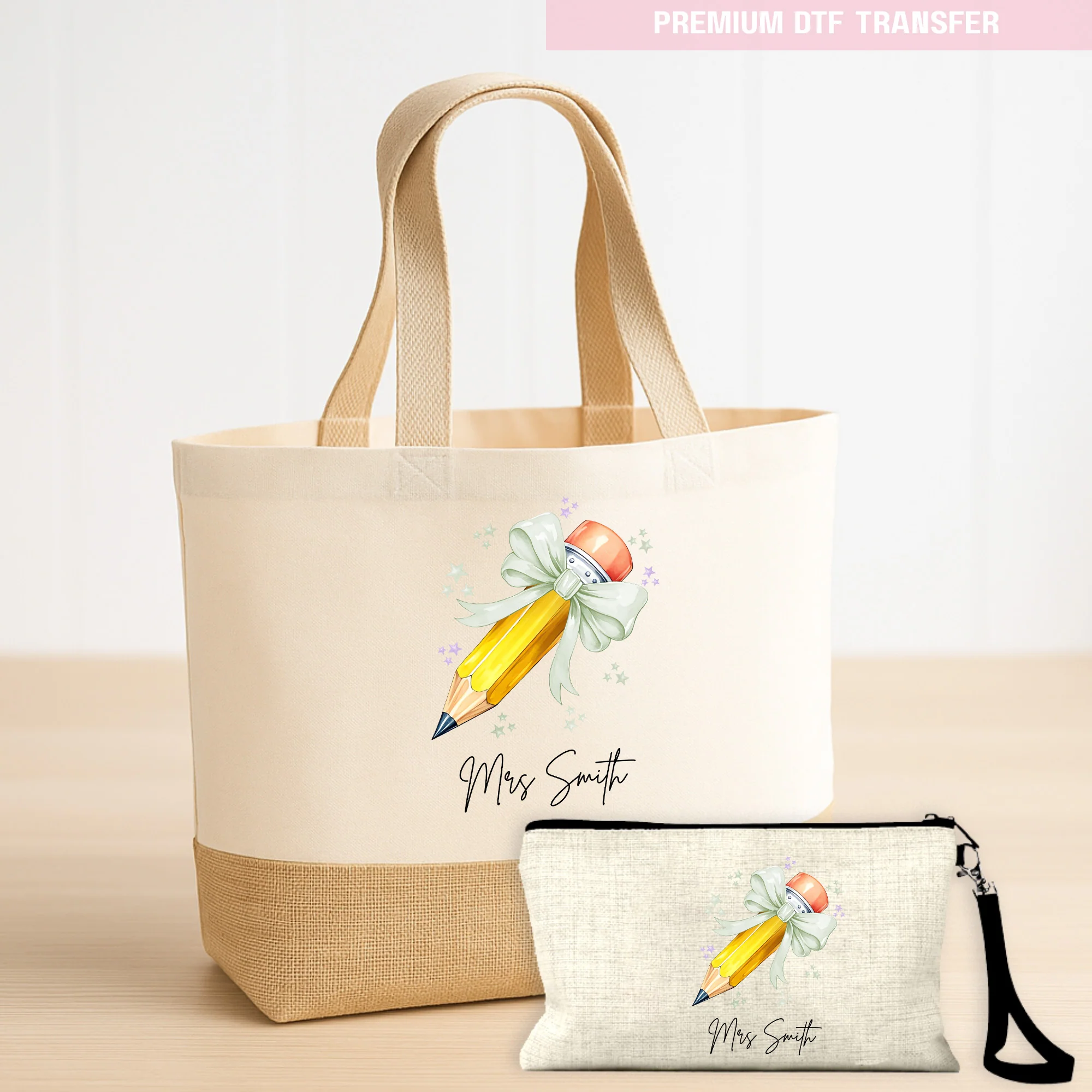 Personalised Name Teacher - Mint Green Pencil DTF Transfer Ready to Press - Image 4