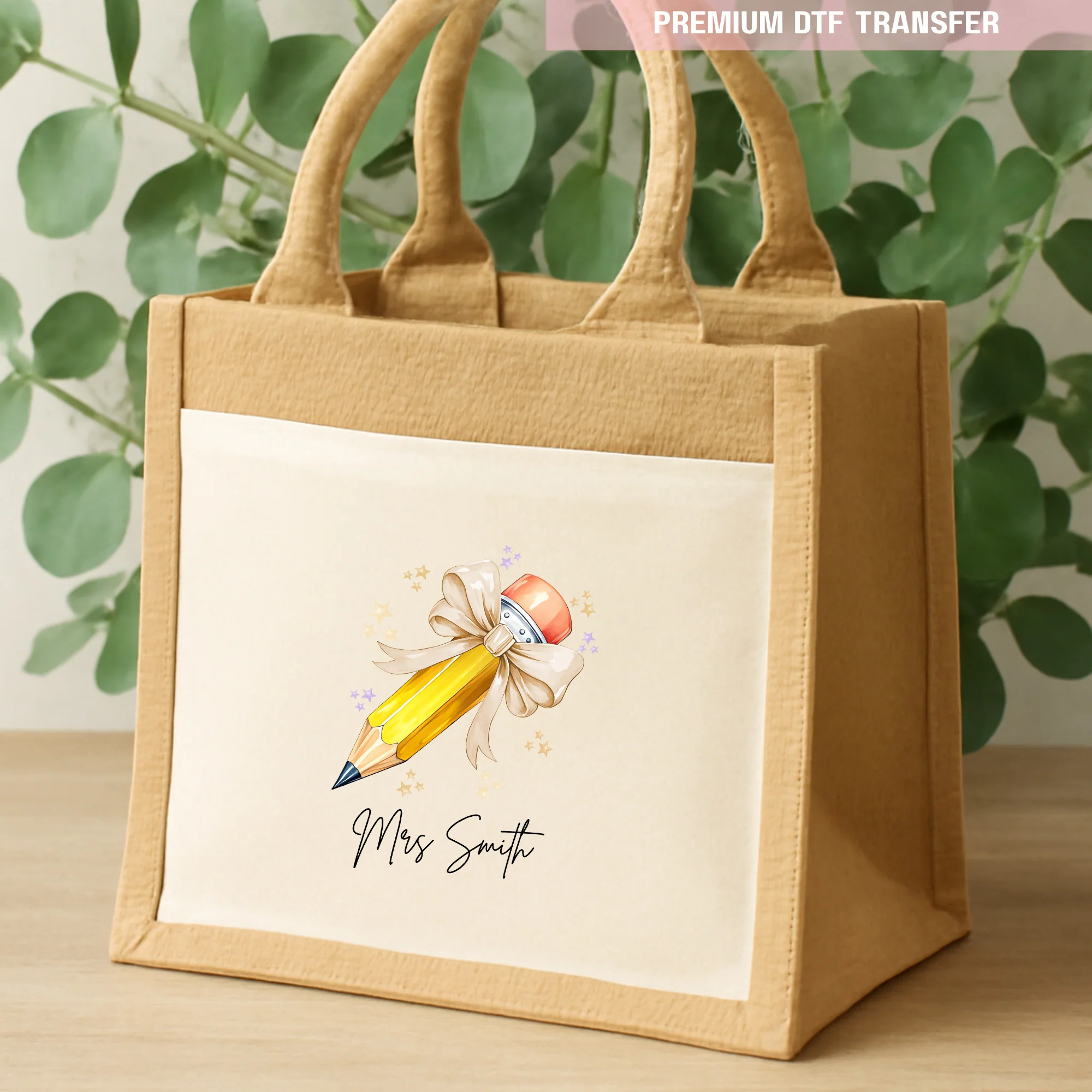 Personalised Name Teacher - Natural Beige Pencil DTF Transfer Ready to Press