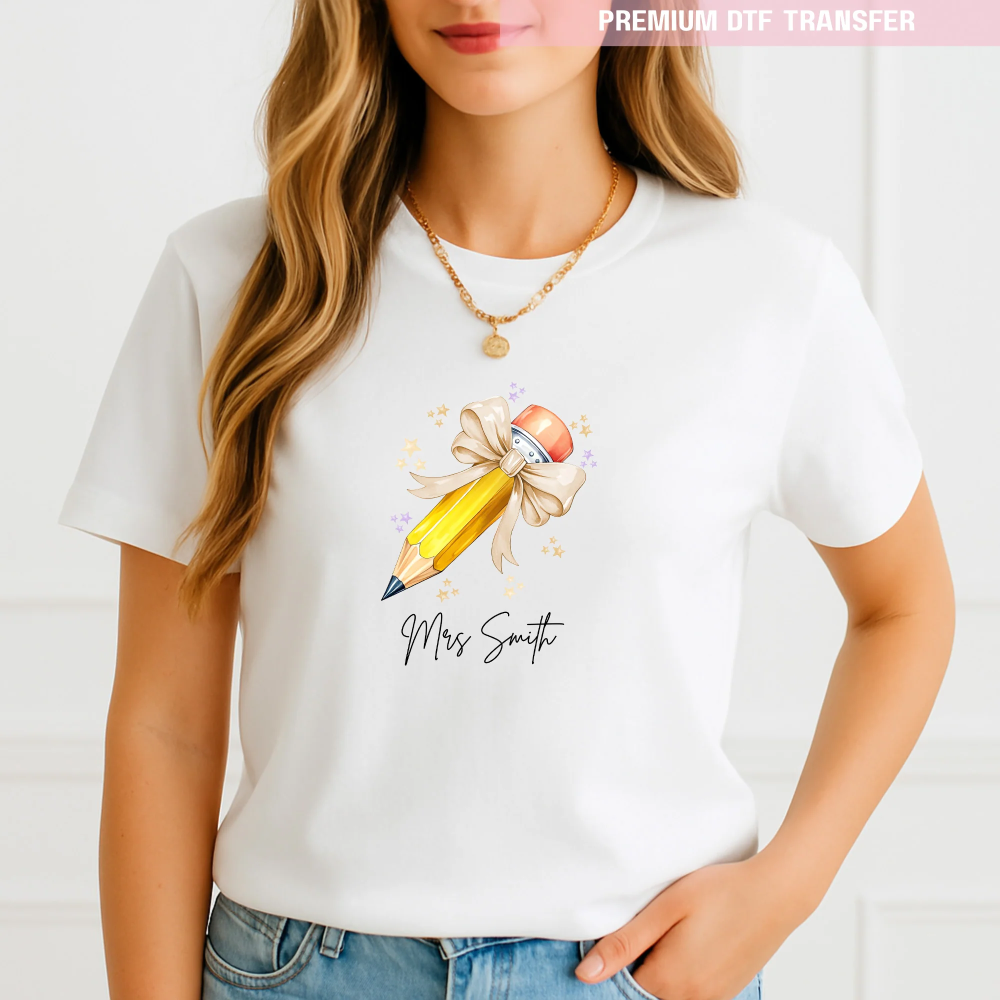 Personalised Name Teacher - Natural Beige Pencil DTF Transfer Ready to Press - Image 2