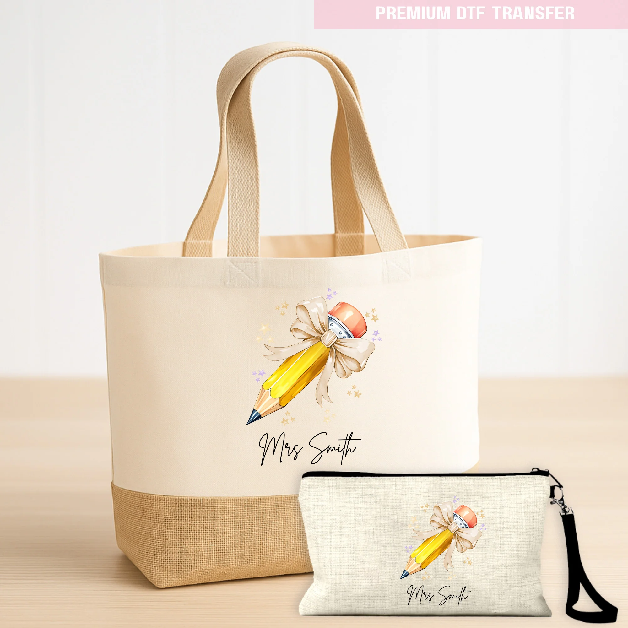 Personalised Name Teacher - Natural Beige Pencil DTF Transfer Ready to Press - Image 4