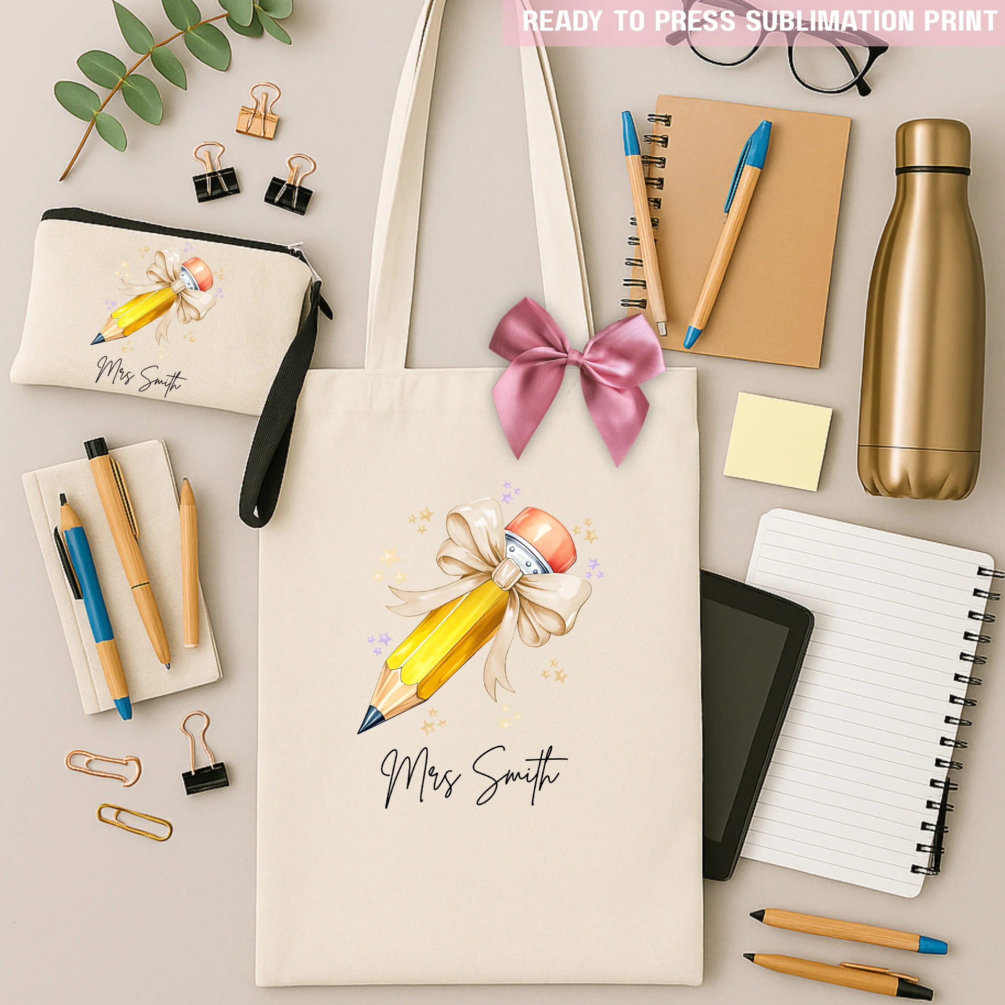 Personalised Name Teacher - Natural Beige Pencil Sublimation Transfer Ready to Press