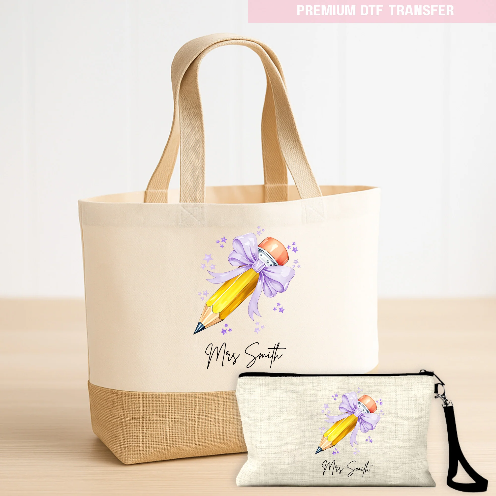 Personalised Name Teacher - Purple Lilac Pencil DTF Transfer Ready to Press - Image 4