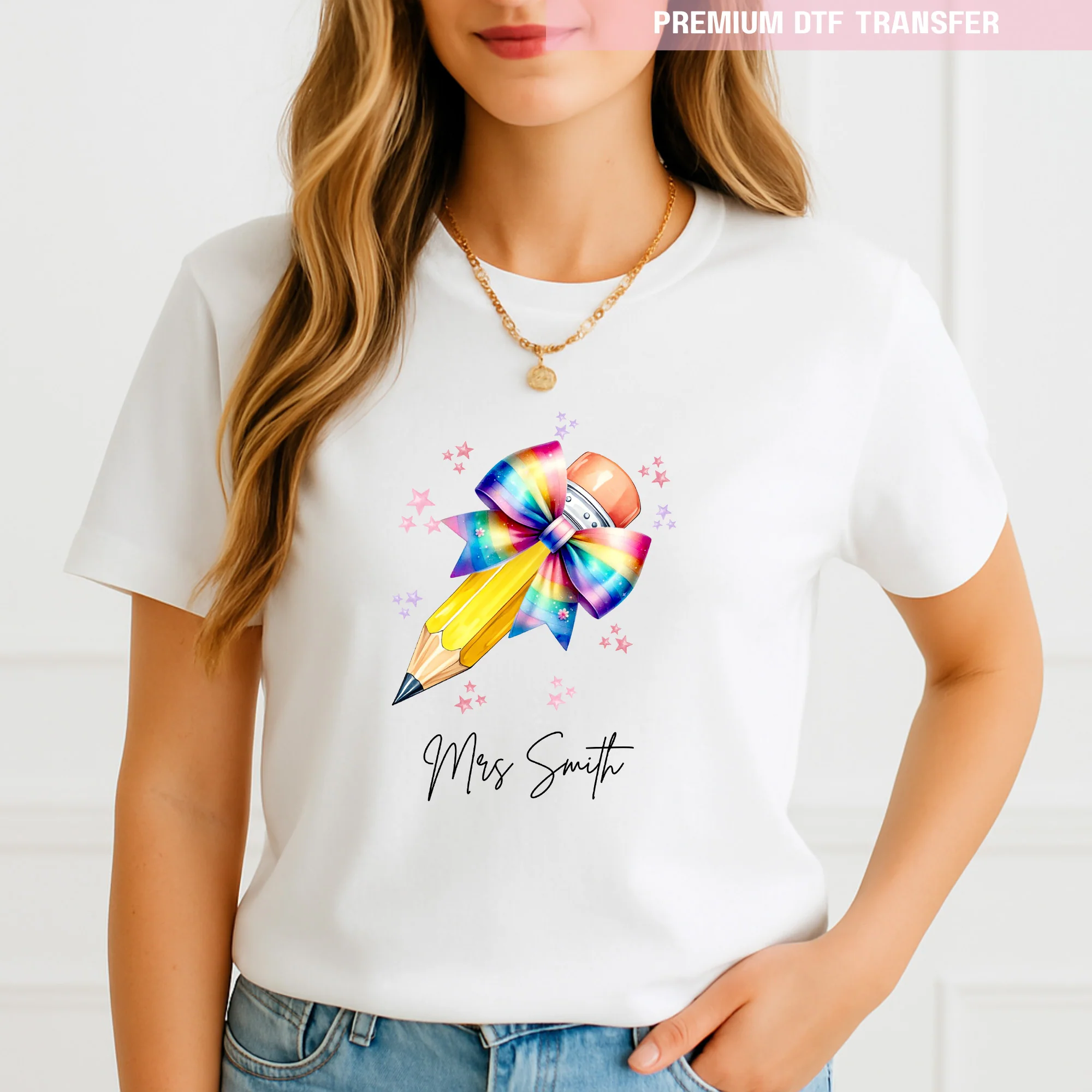Personalised Name Teacher - Rainbow Pencil DTF Transfer Ready to Press - Image 2