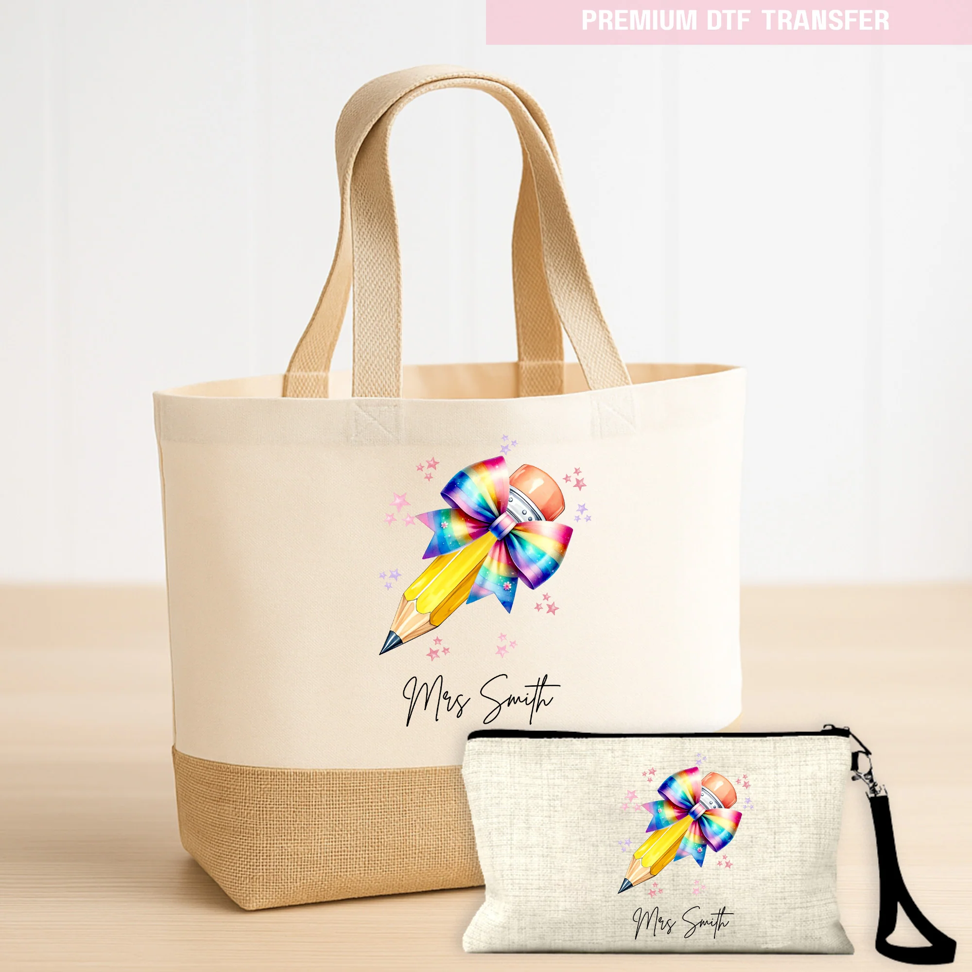 Personalised Name Teacher - Rainbow Pencil DTF Transfer Ready to Press - Image 4