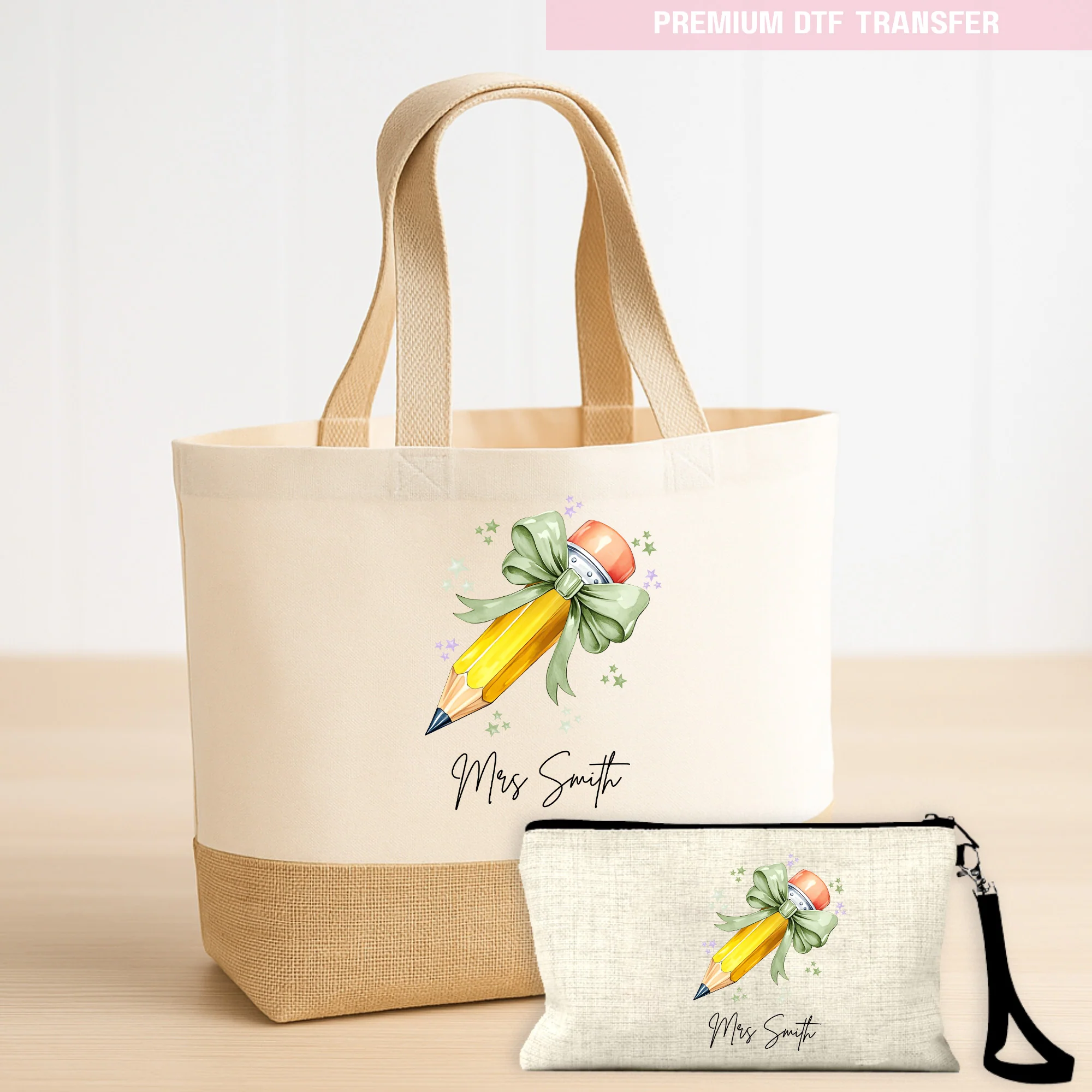 Personalised Name Teacher - Sage Green Pencil DTF Transfer Ready to Press - Image 4