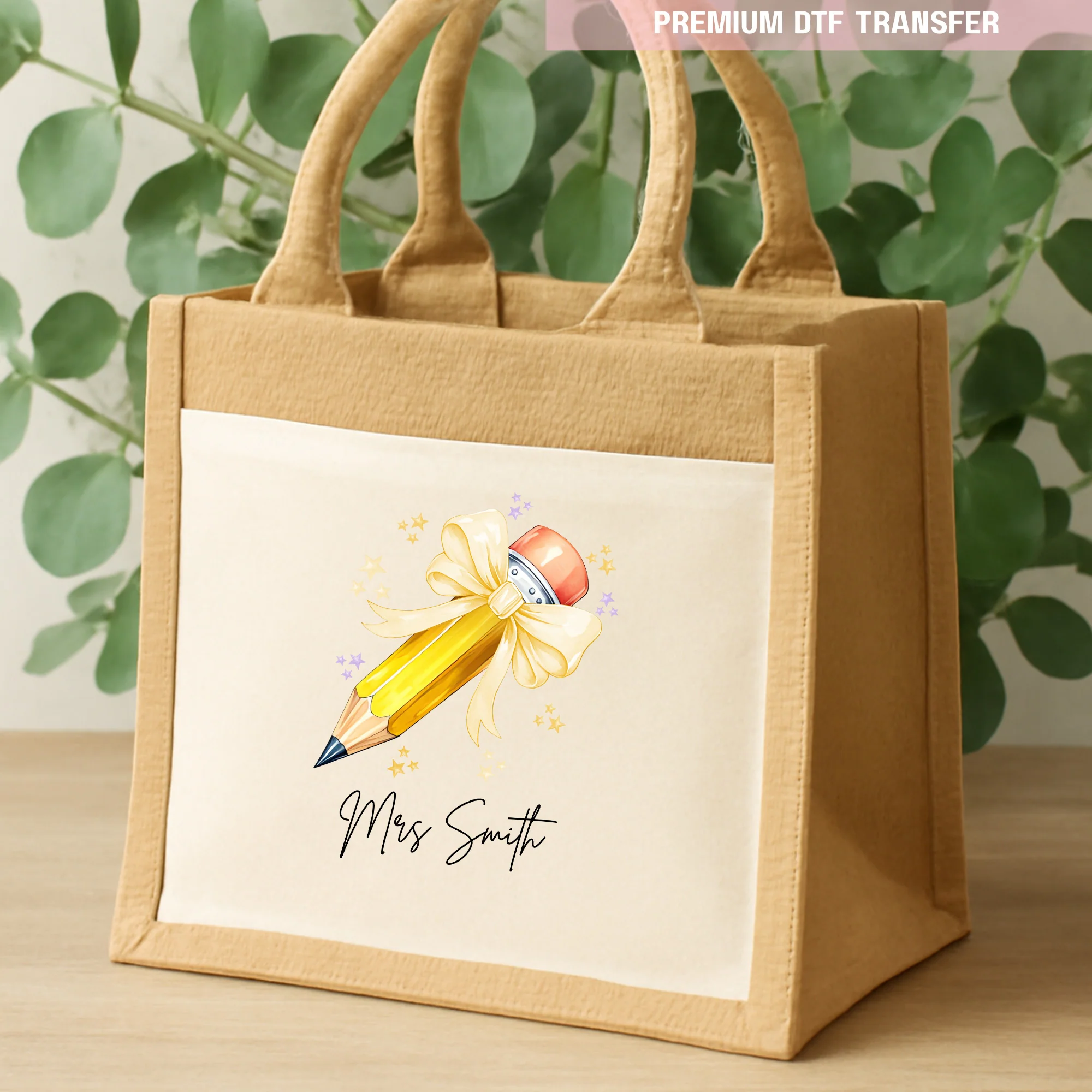 Personalised Name Teacher - Yellow Pencil DTF Transfer Ready to Press
