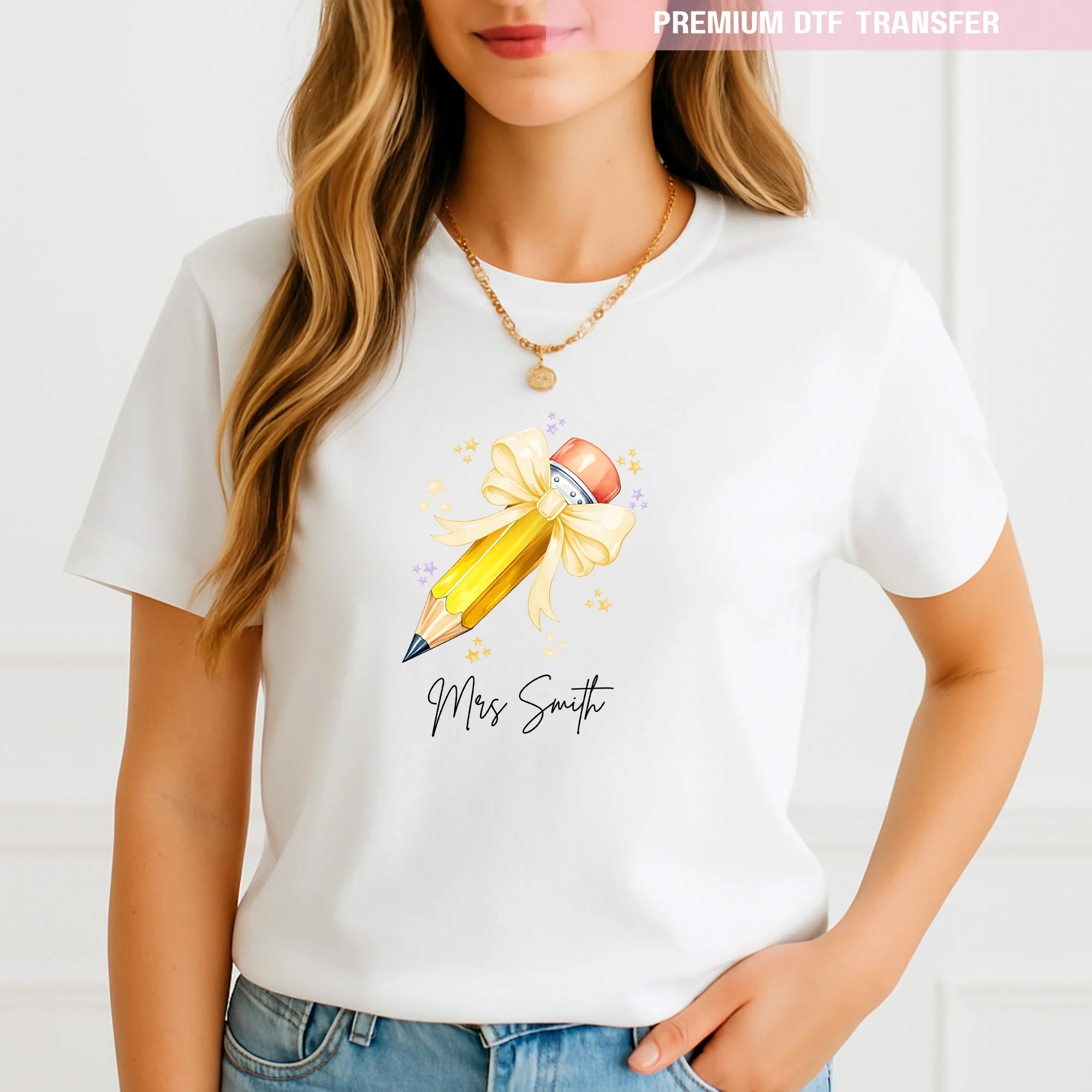 Personalised Name Teacher - Yellow Pencil DTF Transfer Ready to Press - Image 2