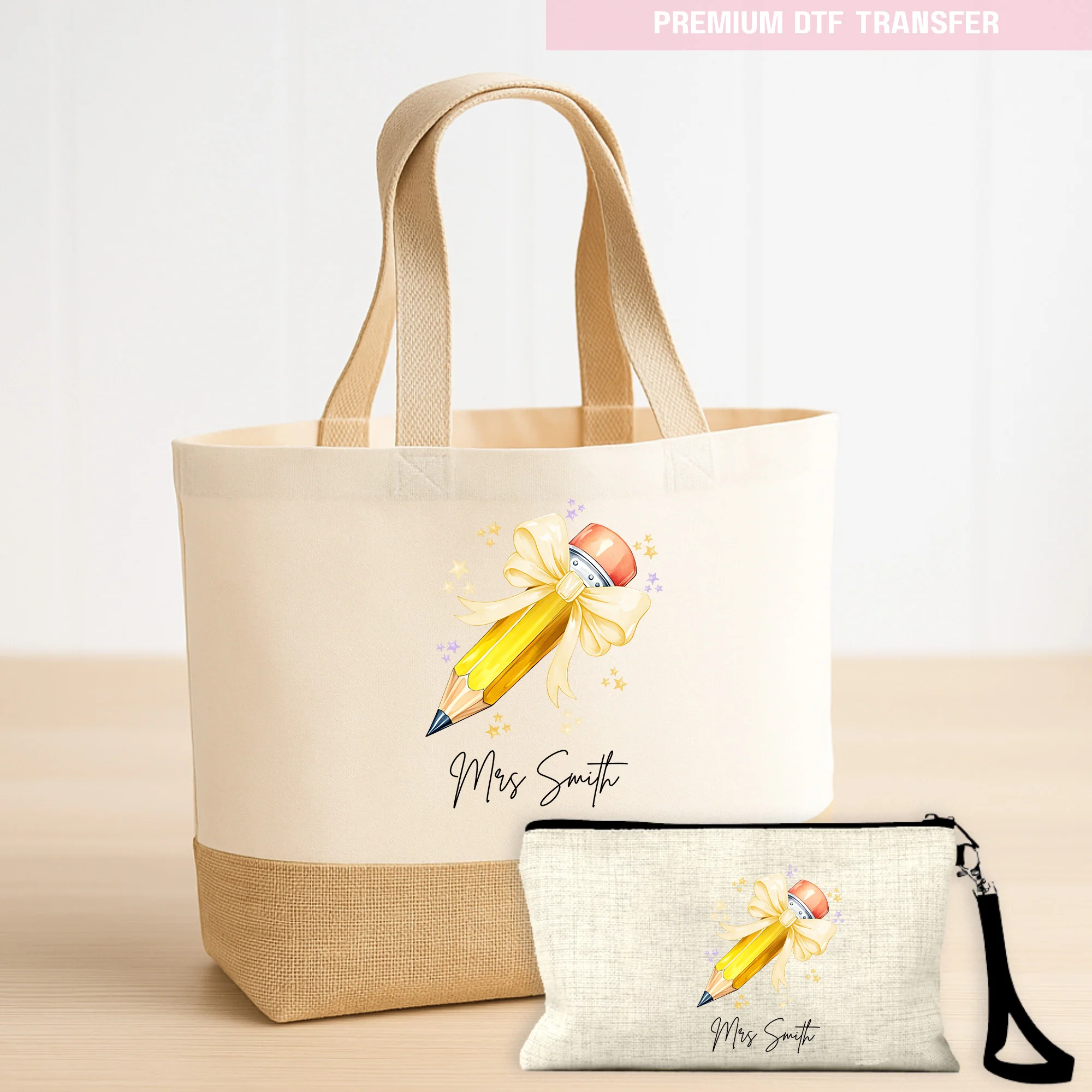 Personalised Name Teacher - Yellow Pencil DTF Transfer Ready to Press - Image 4