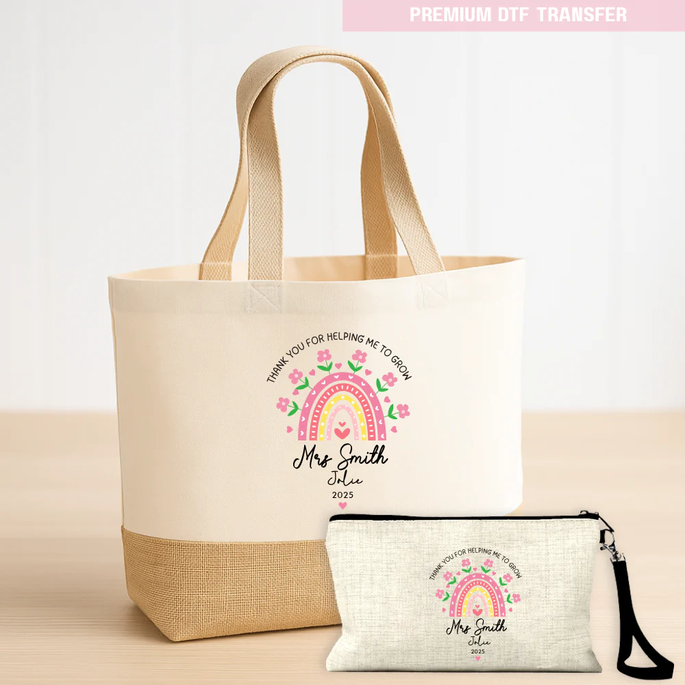 Personalised Pink rainbow flowers - teacher DTF transfer ready to press - Image 4