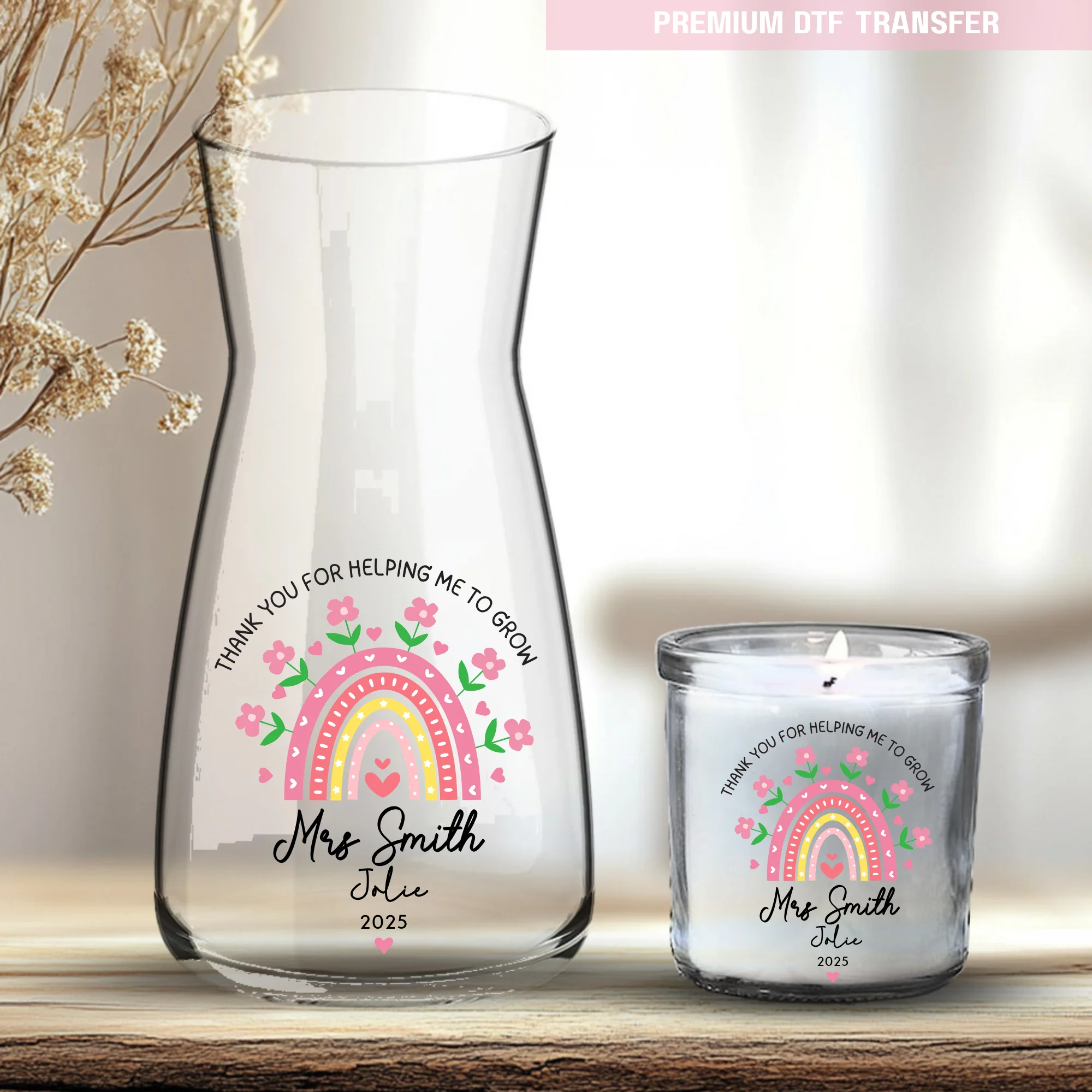 Personalised pink rainbow flowers - teacher UV DTF - Image 2