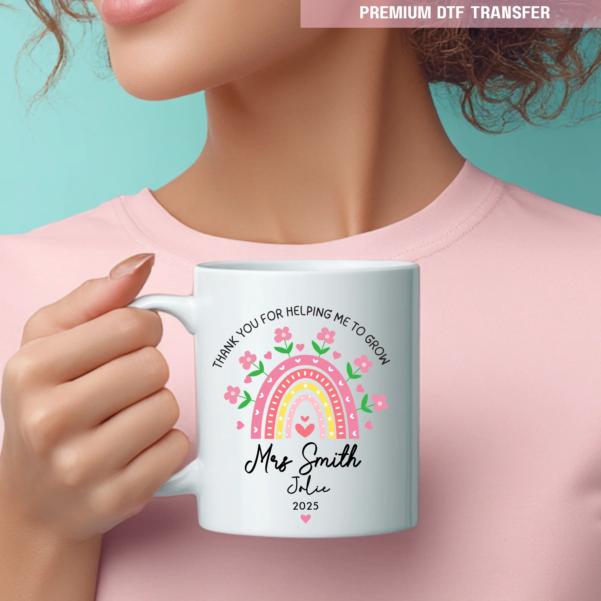 Personalised pink rainbow flowers - teacher UV DTF - Image 4