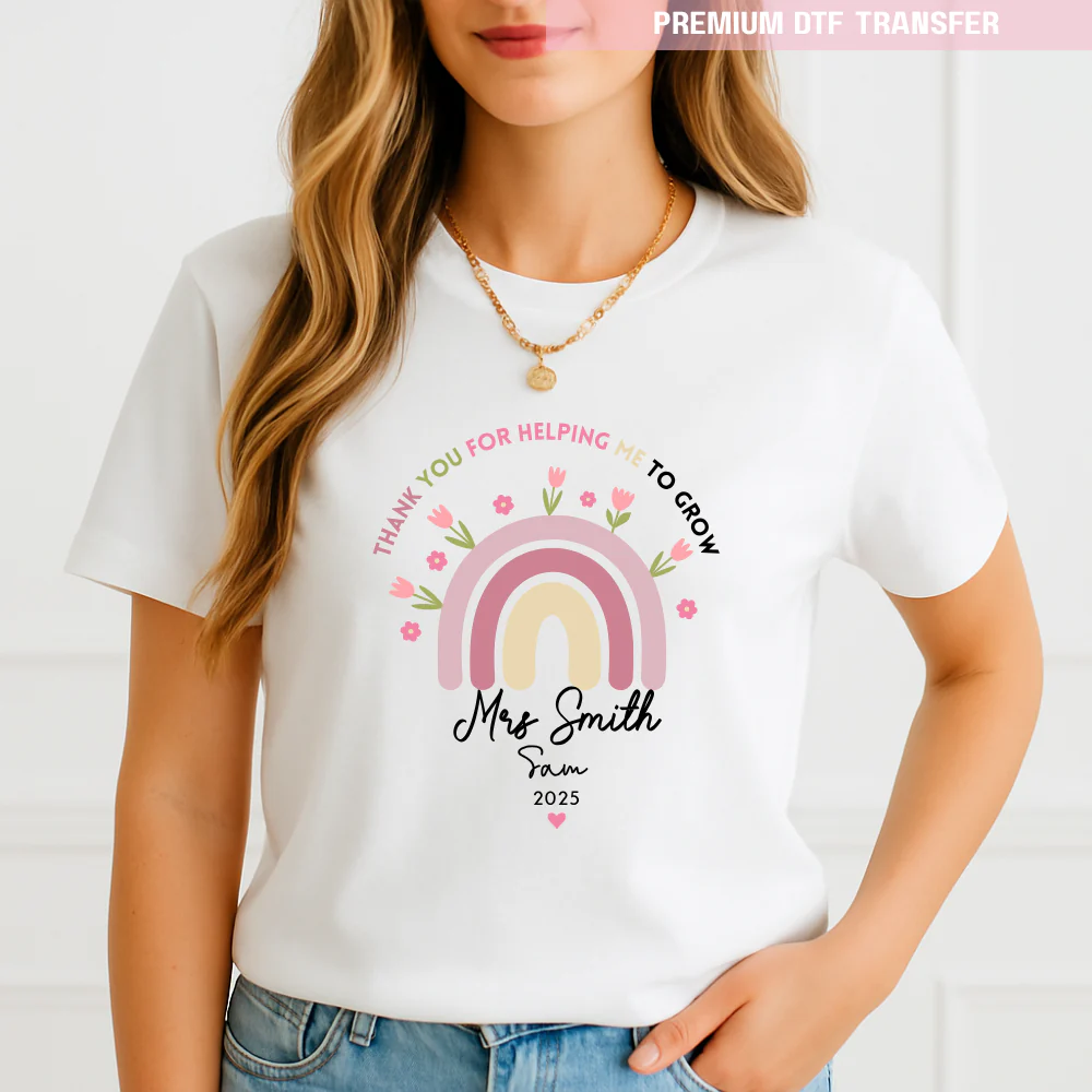 Personalised Thank you for helping me grow - pink rainbow flowers - teacher DTF transfer ready to press - Image 2