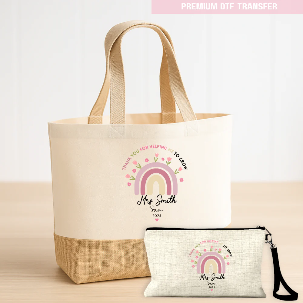Personalised Thank you for helping me grow - pink rainbow flowers - teacher DTF transfer ready to press - Image 4