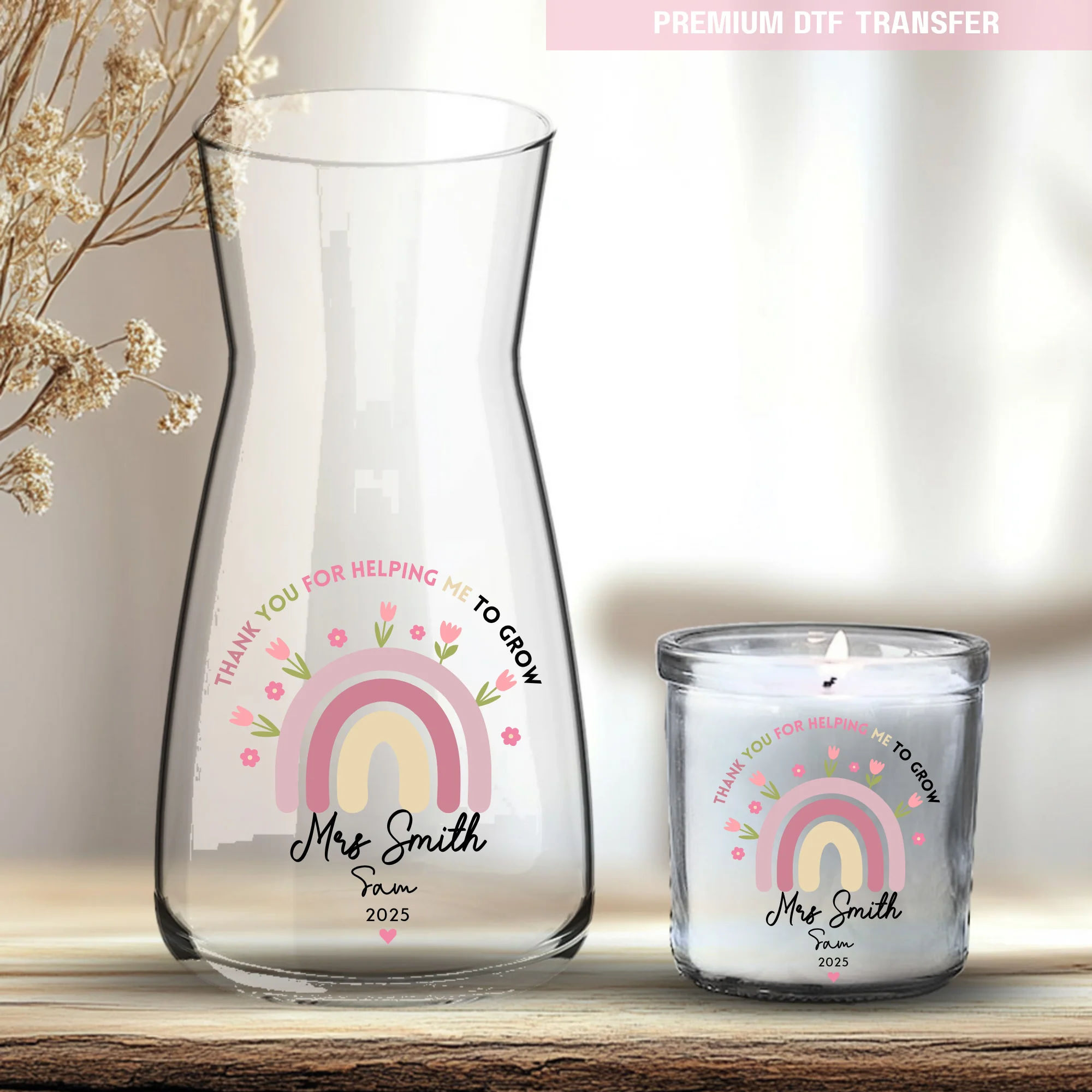 Personalised Thank you for helping me to grow - pink rainbow flowers - teacher UV DTF