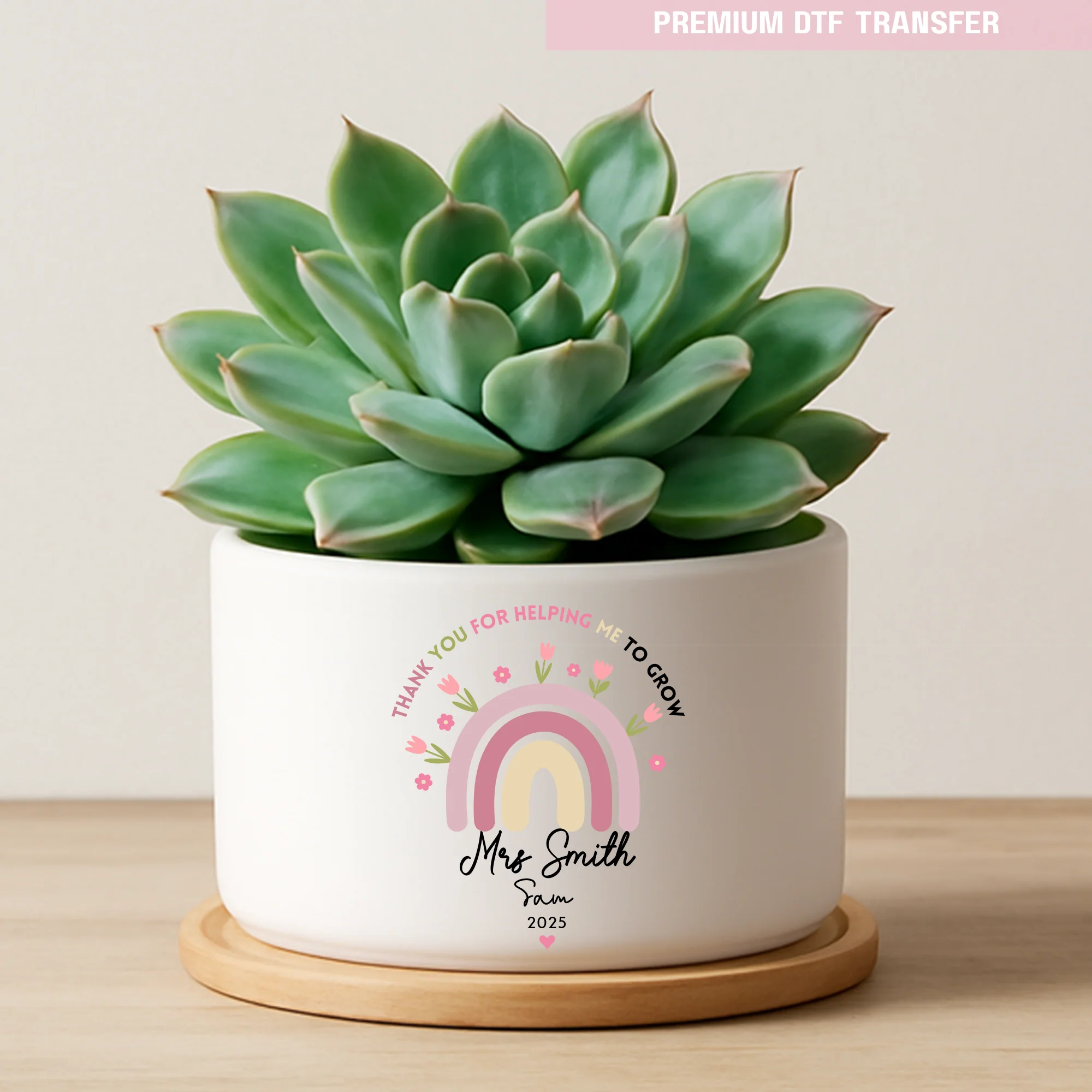 Personalised Thank you for helping me to grow - pink rainbow flowers - teacher UV DTF - Image 2