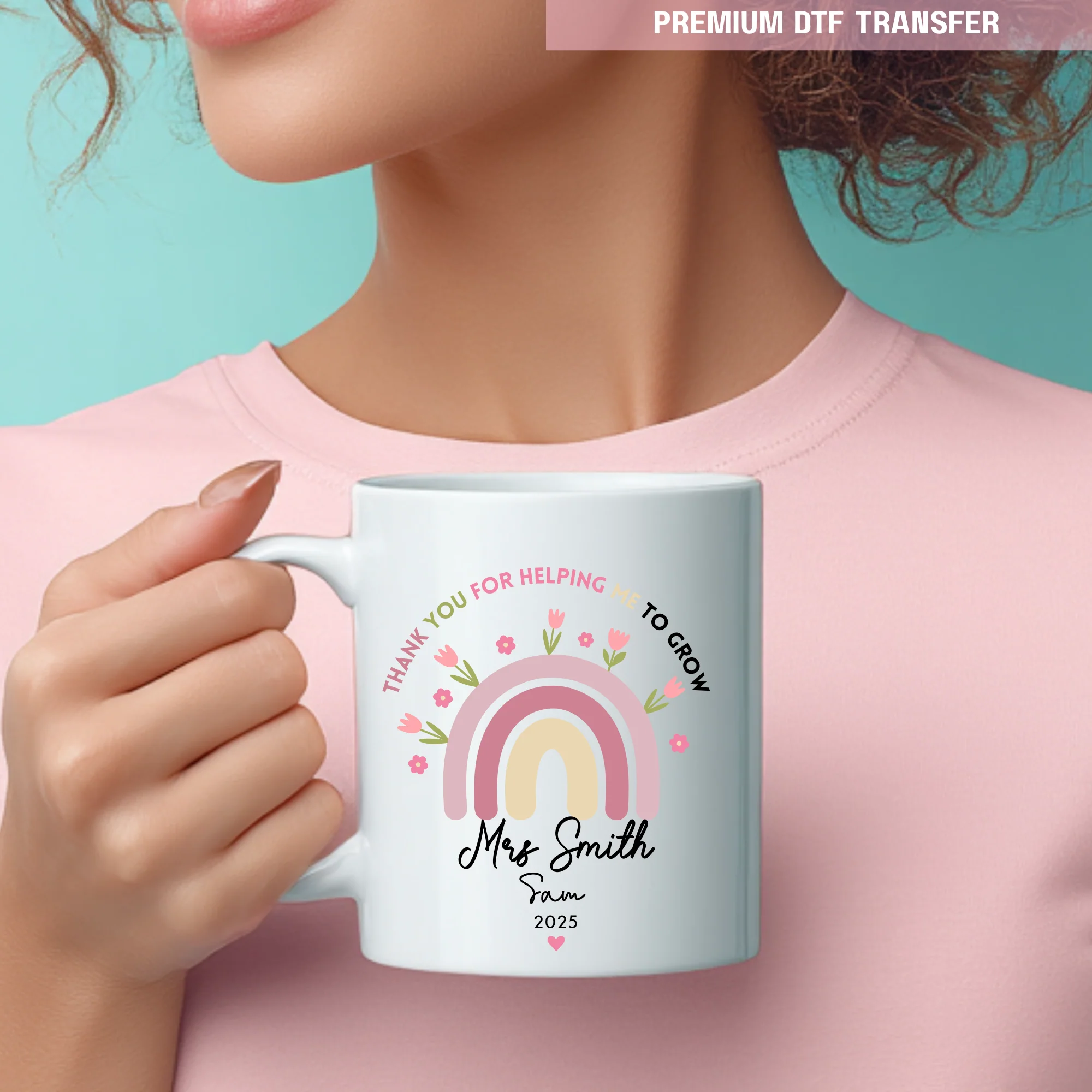 Personalised Thank you for helping me to grow - pink rainbow flowers - teacher UV DTF - Image 3
