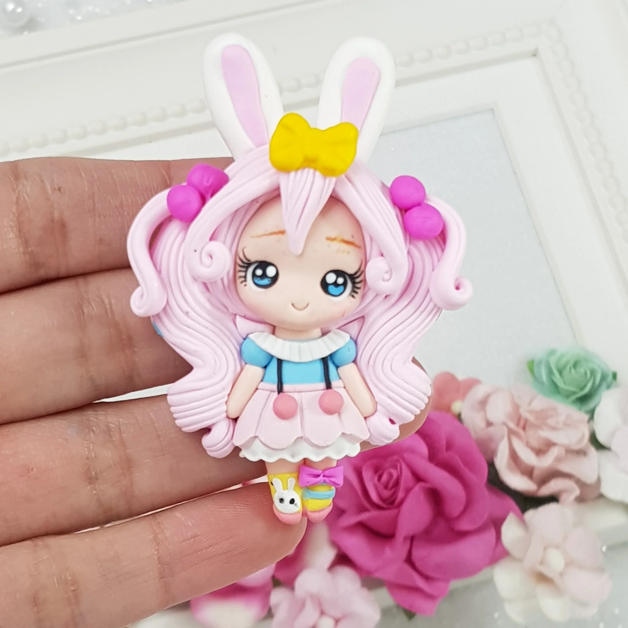 Pink Bunny Girl - A - Handmade Flatback Clay Bow Centre
