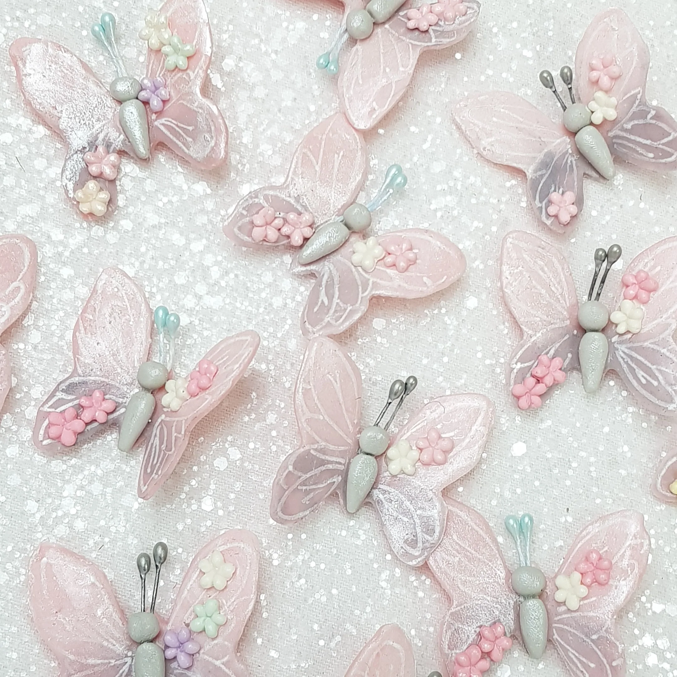 Pink butterfly random flower - Handmade Flatback Clay Bow Centre